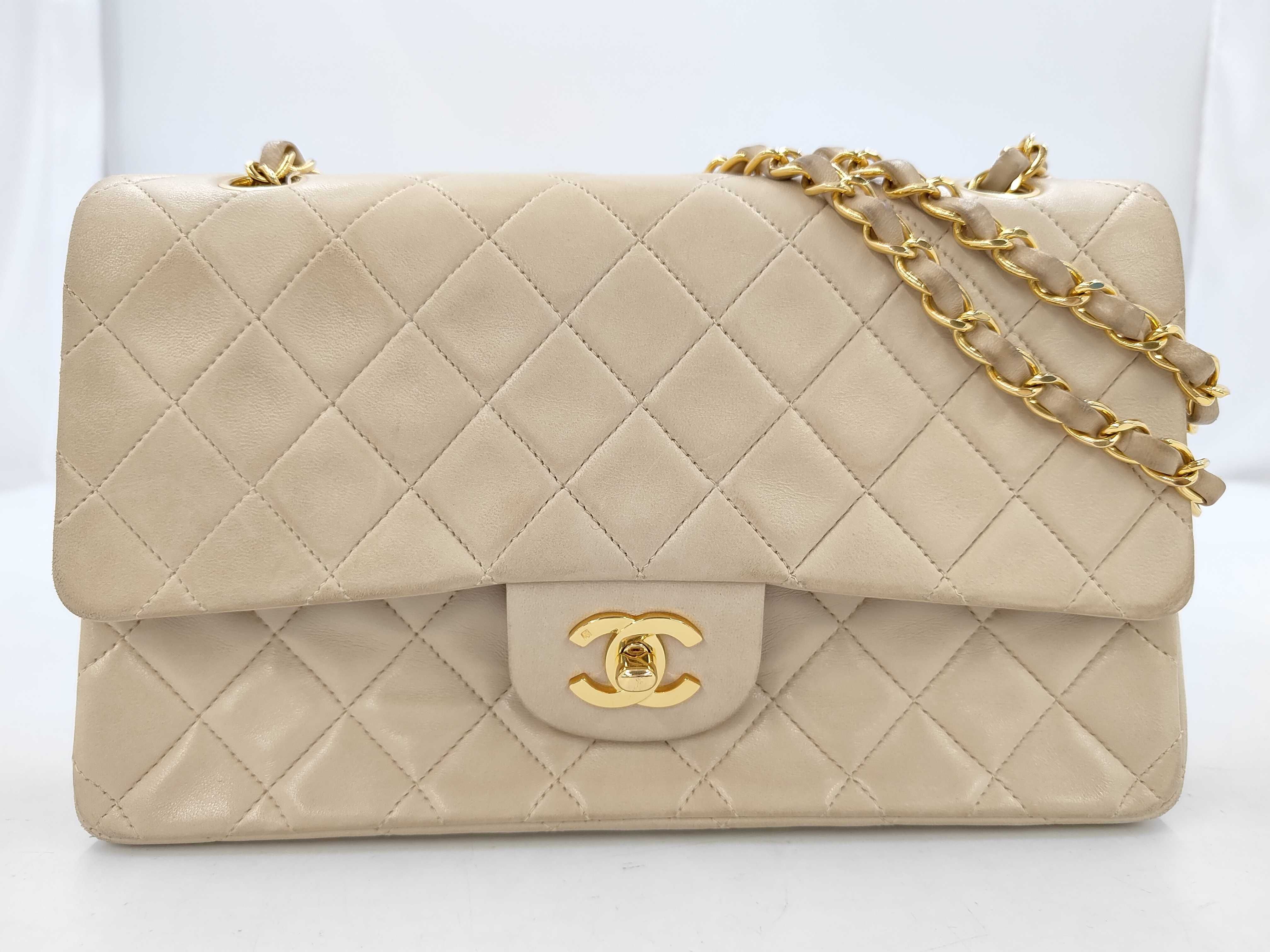 Lambskin Matelassé Double Flap Shoulder Bag, Beige, 25cm (Note: Sticker peeled off/No guarantee card)