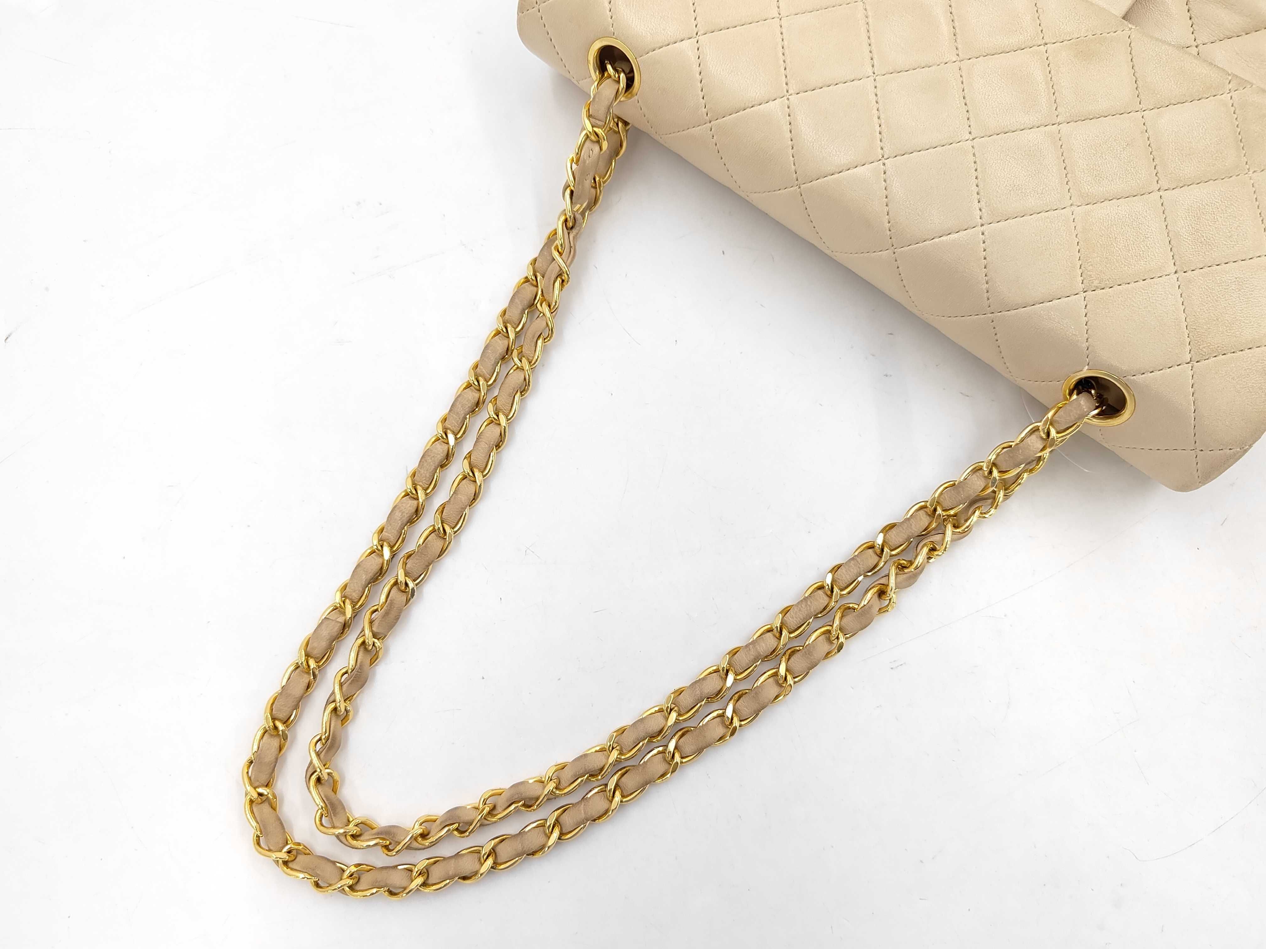 Lambskin Matelassé Double Flap Shoulder Bag, Beige, 25cm (Note: Sticker peeled off/No guarantee card) — view 5