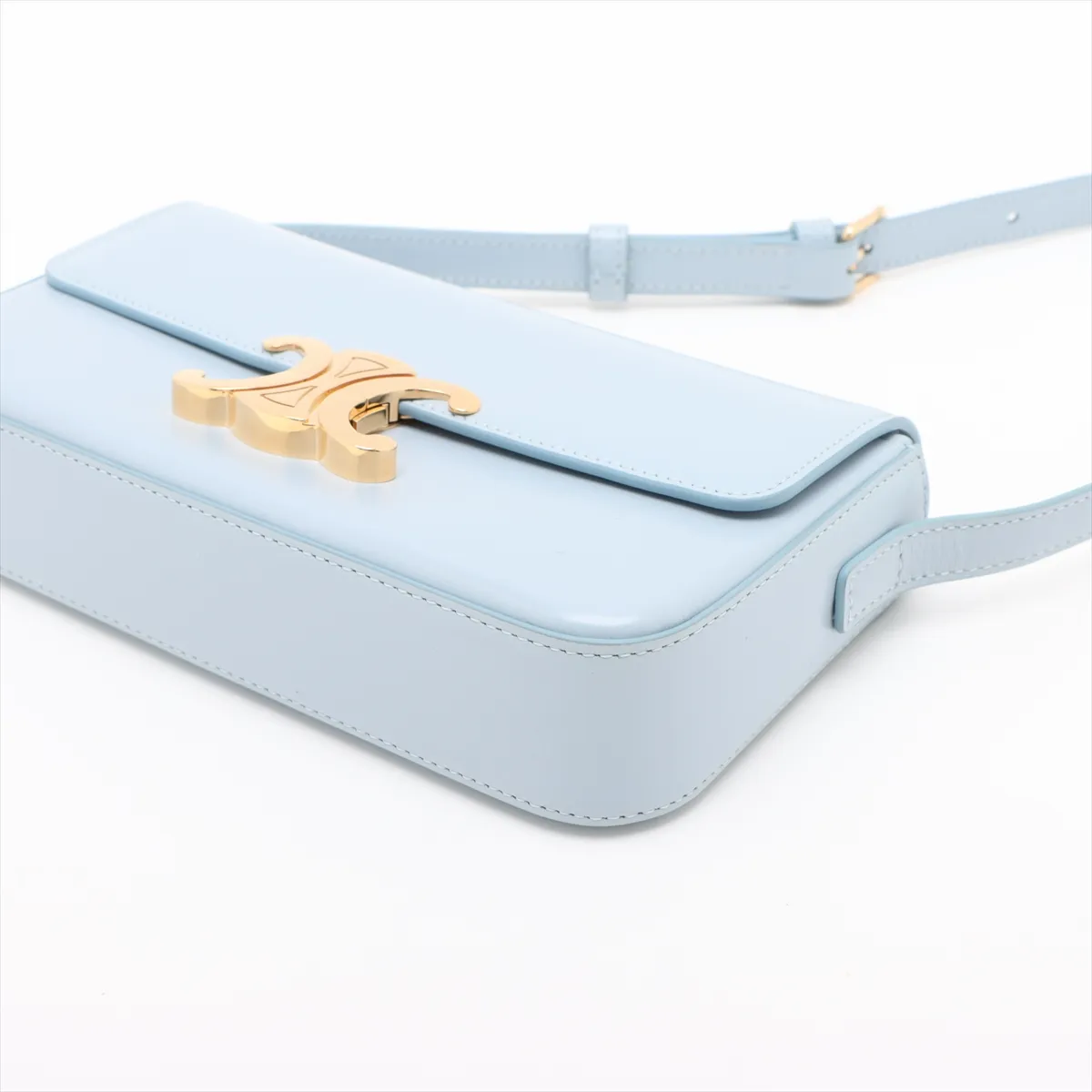 Triomphe Claude Leather Handbag, Light Blue — view 3