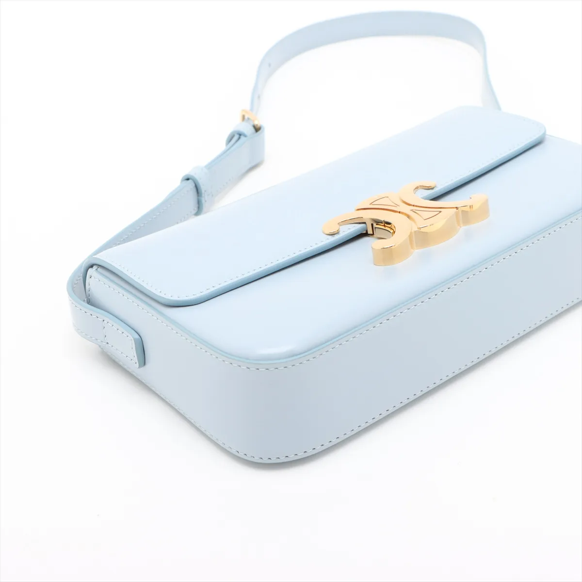 Triomphe Claude Leather Handbag, Light Blue — view 4