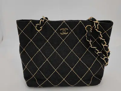 CC Logo Quilted Denim Shoulder Bag, Black, Double Chain Shoulder Bag