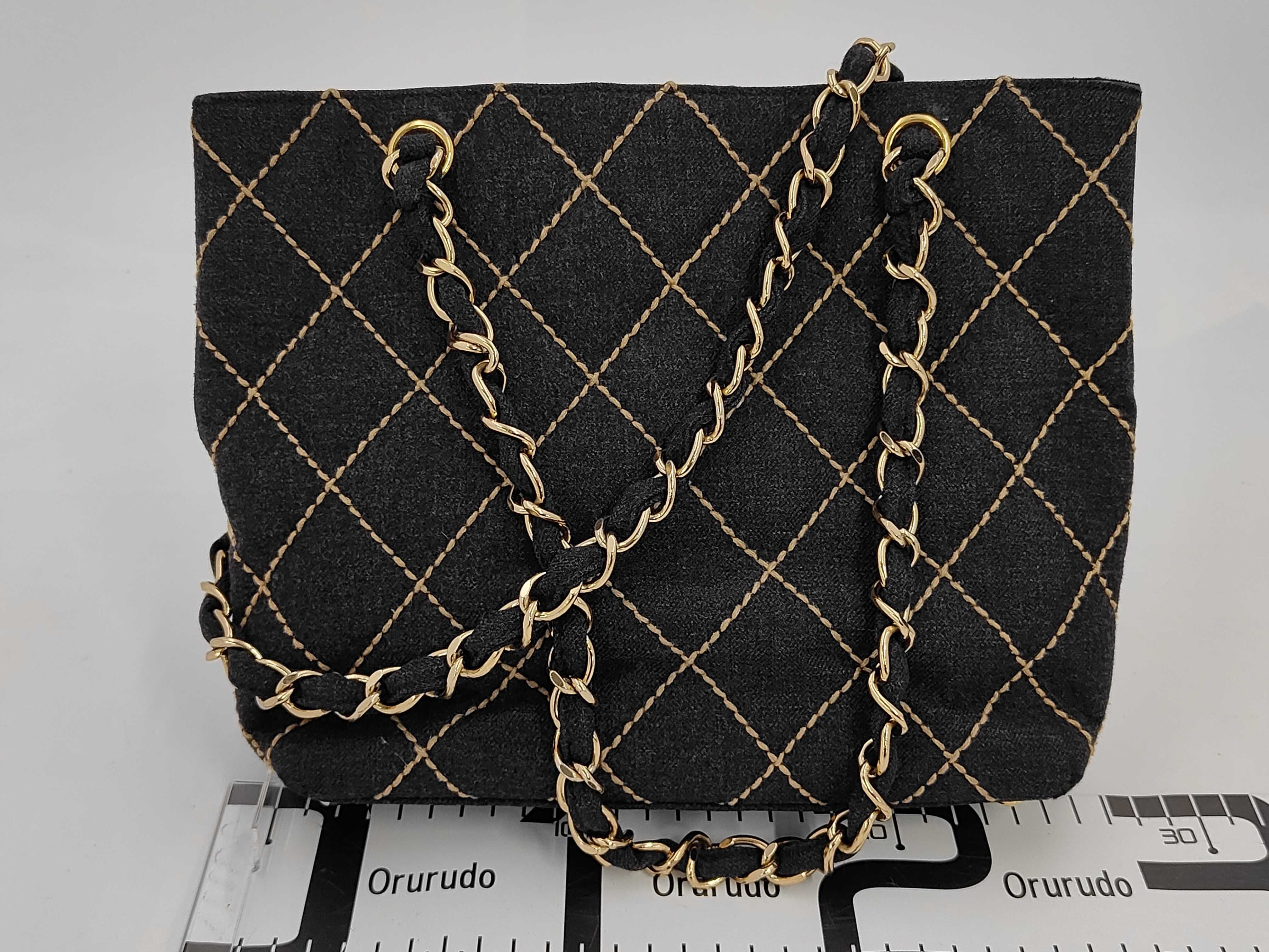 CC Logo Quilted Denim Shoulder Bag, Black, Double Chain Shoulder Bag — view 2