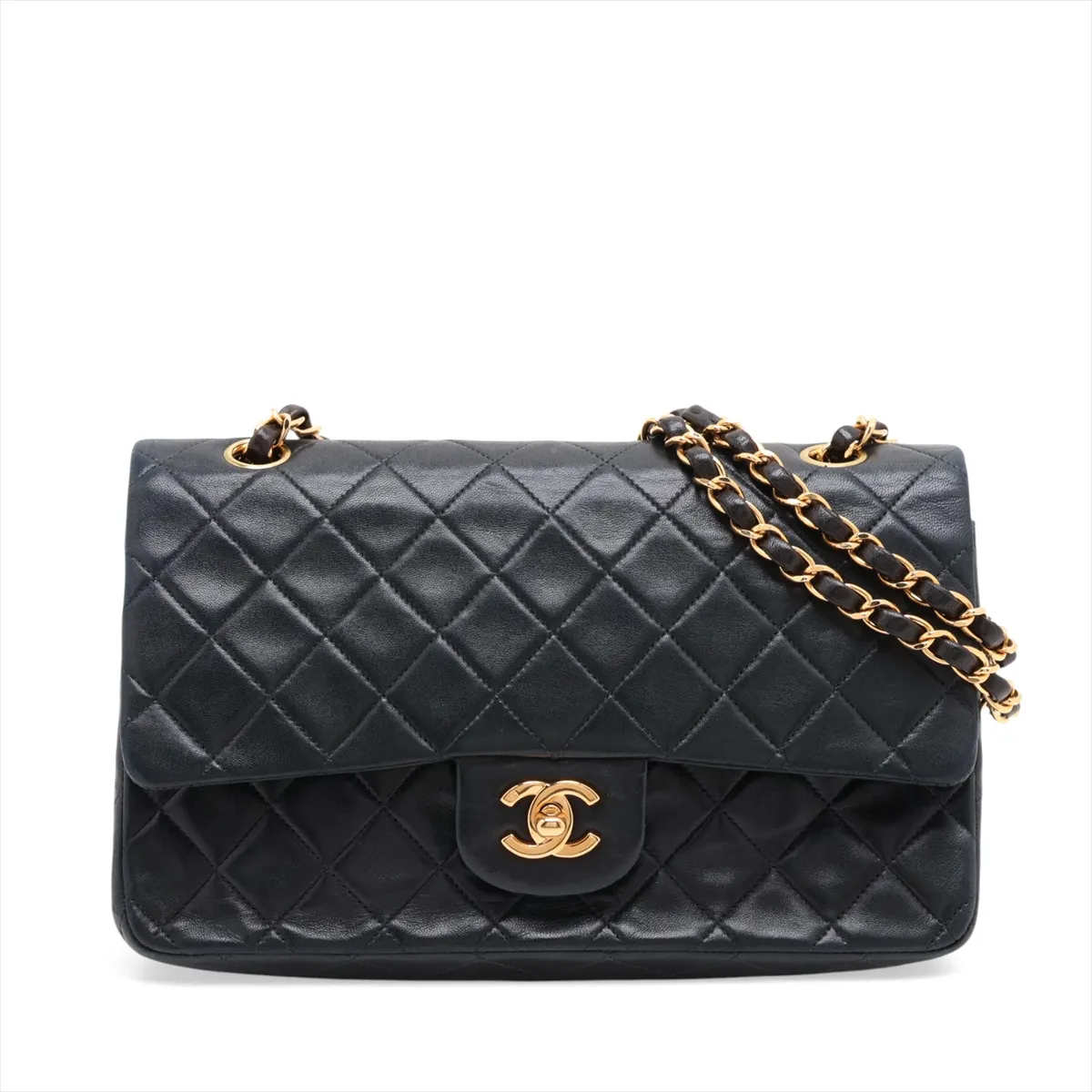 Matelassé 25 Lambskin Double Flap Double Chain Bag, Black with Gold Hardware, 5014421, Series 5, A01112
