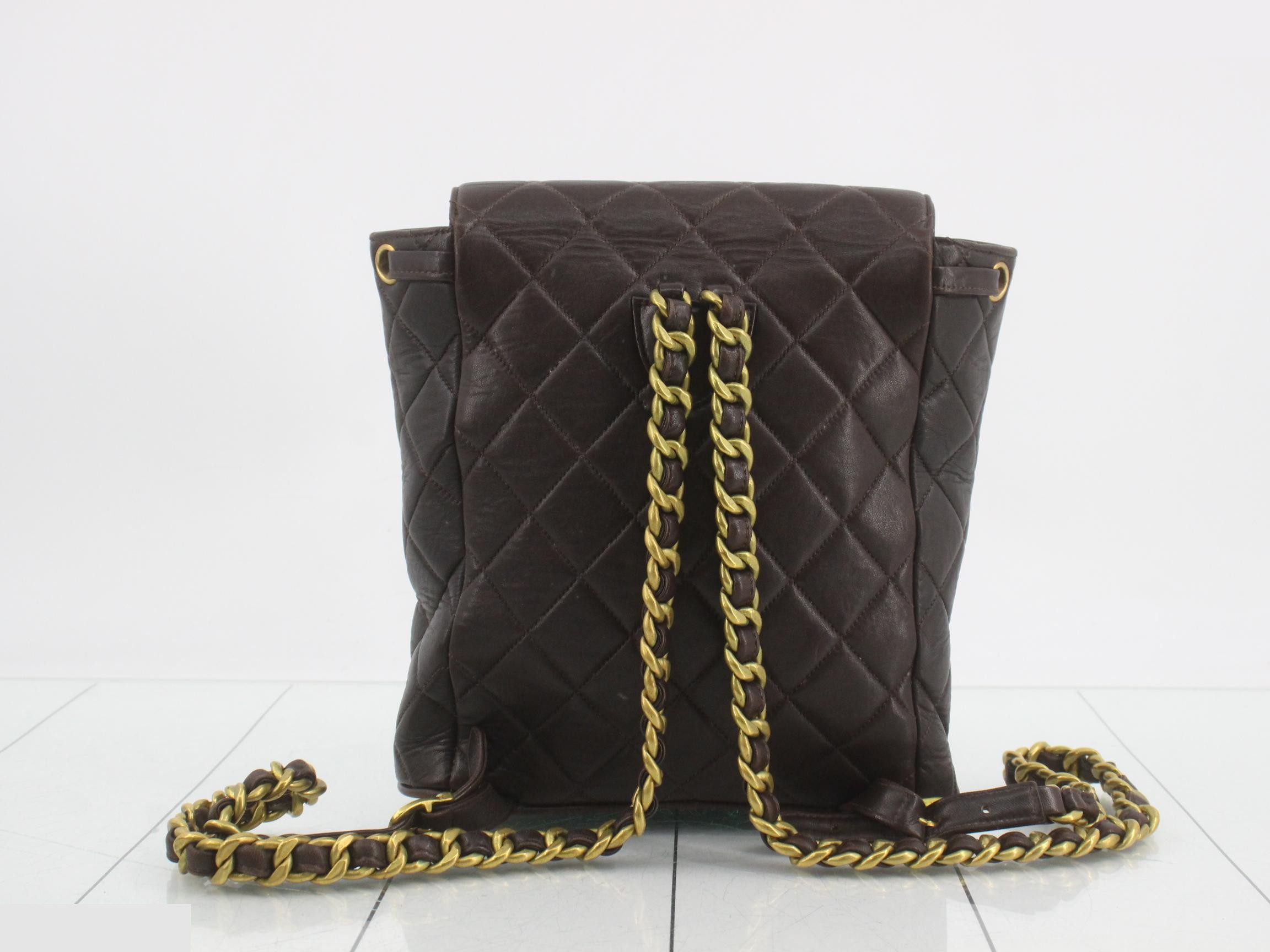 Lambskin Matelassé Turnlock Chain Backpack, Brown, Unit 2 — view 2
