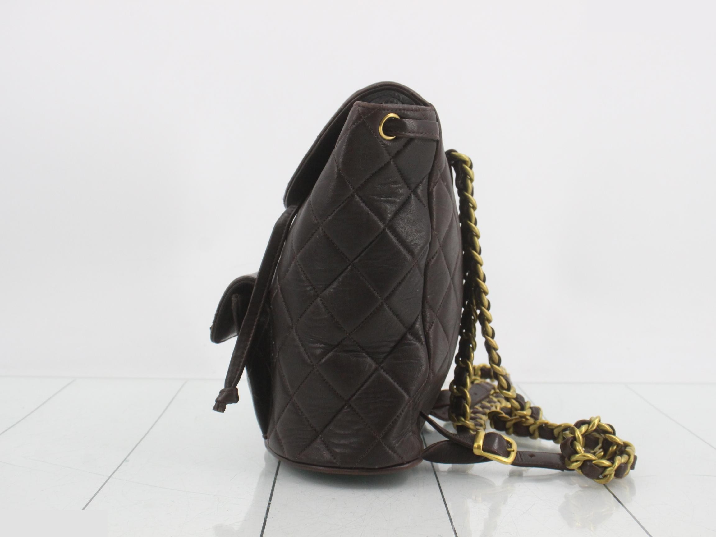 Lambskin Matelassé Turnlock Chain Backpack, Brown, Unit 2 — view 3