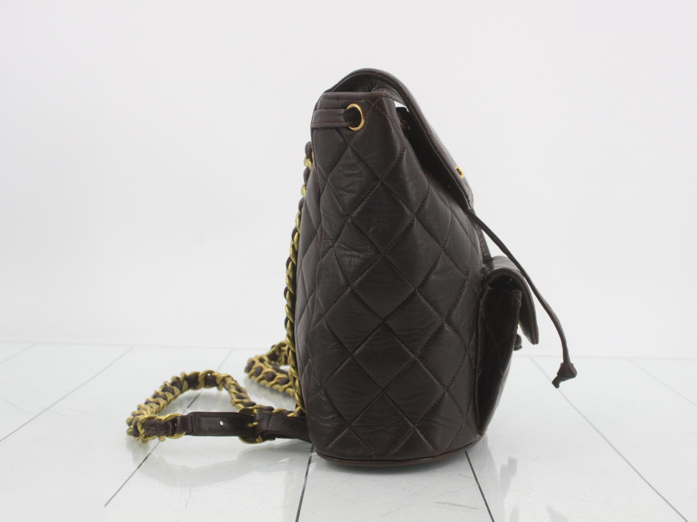 Lambskin Matelassé Turnlock Chain Backpack, Brown, Unit 2 — view 4