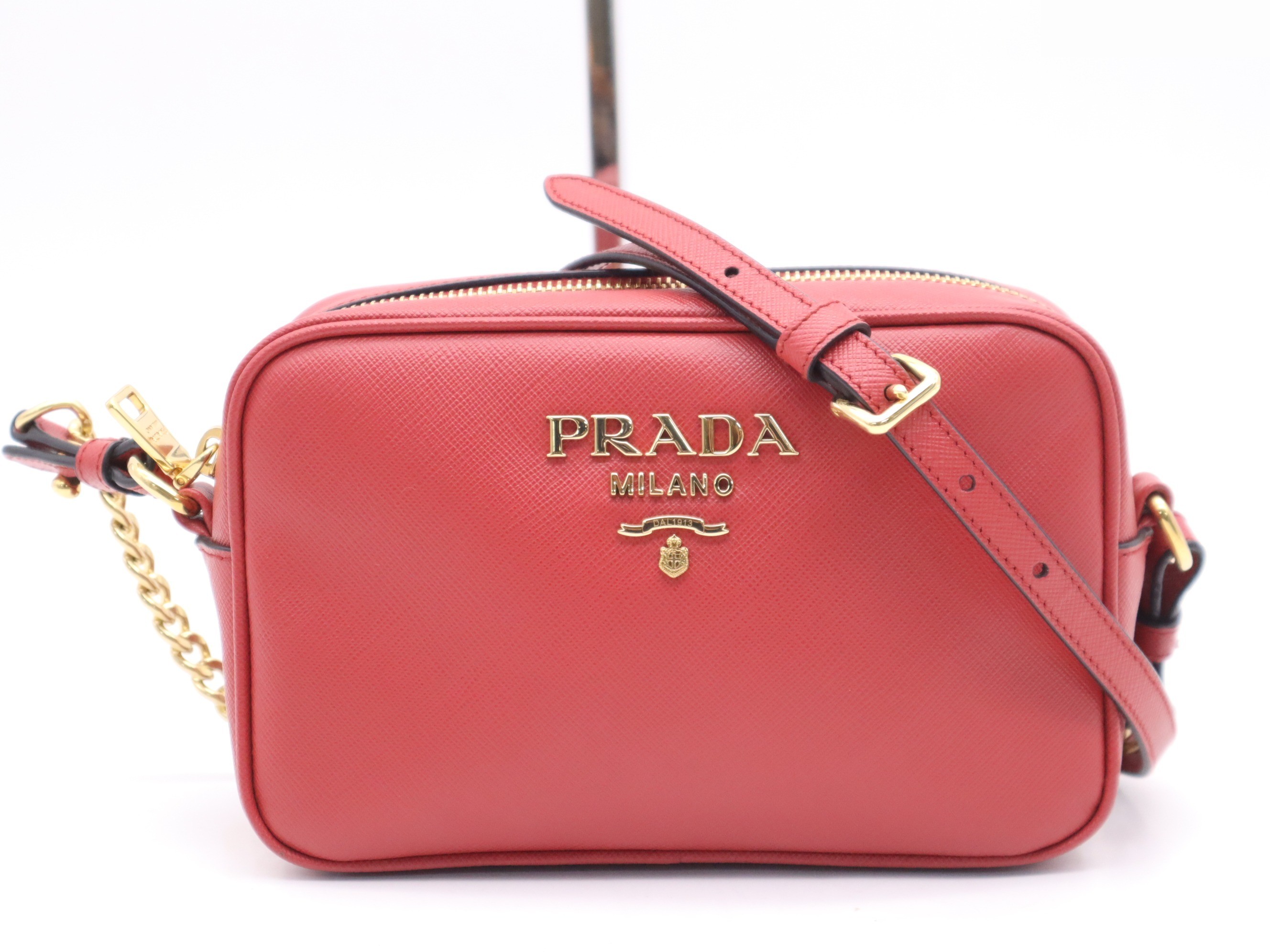 Saffiano leather mini shoulder bag, red, gold hardware.