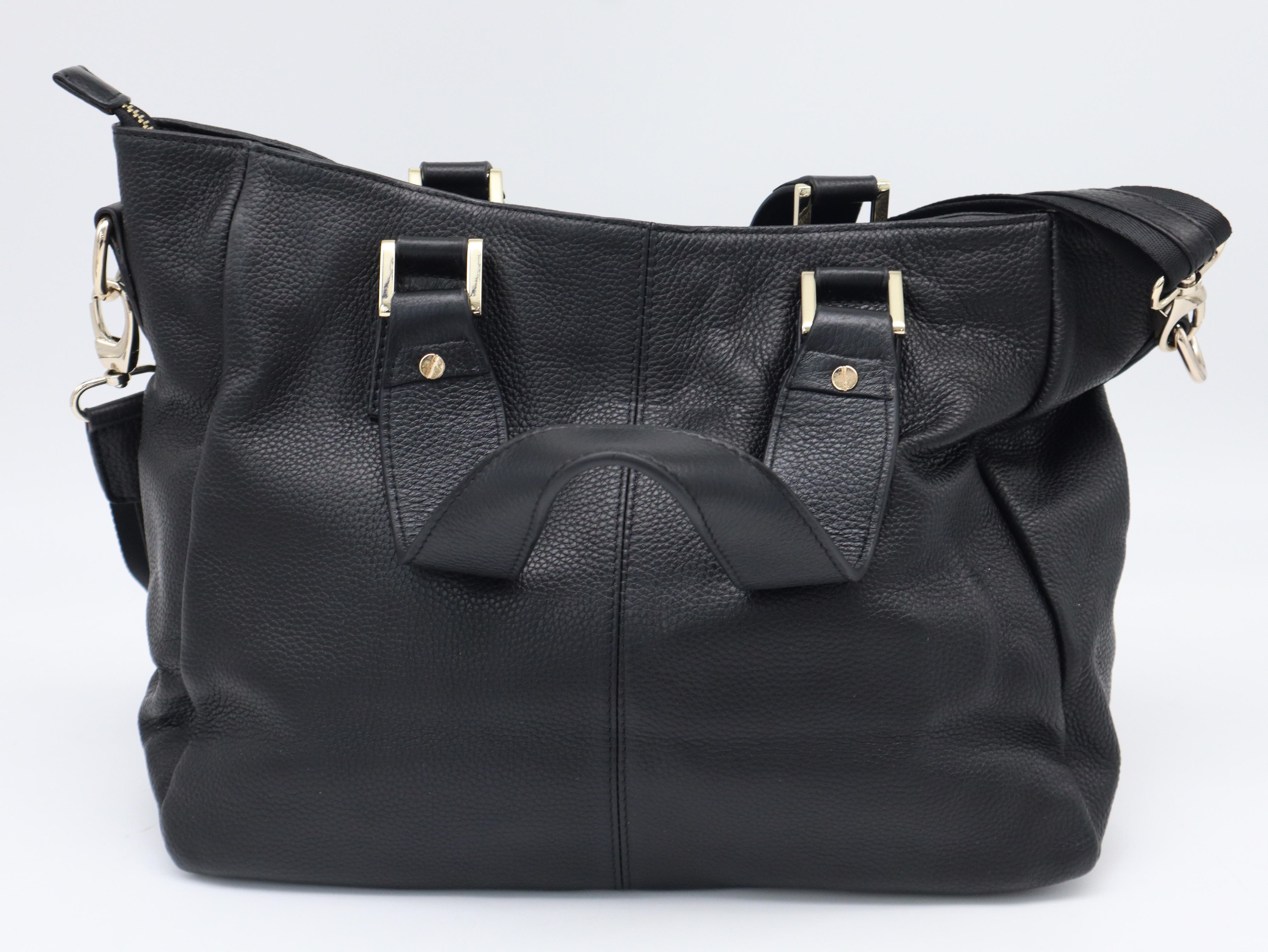 Leather Logo Embossed 2-Way Handbag, Black, Silver Hardware, with Shoulder Strap — view 2