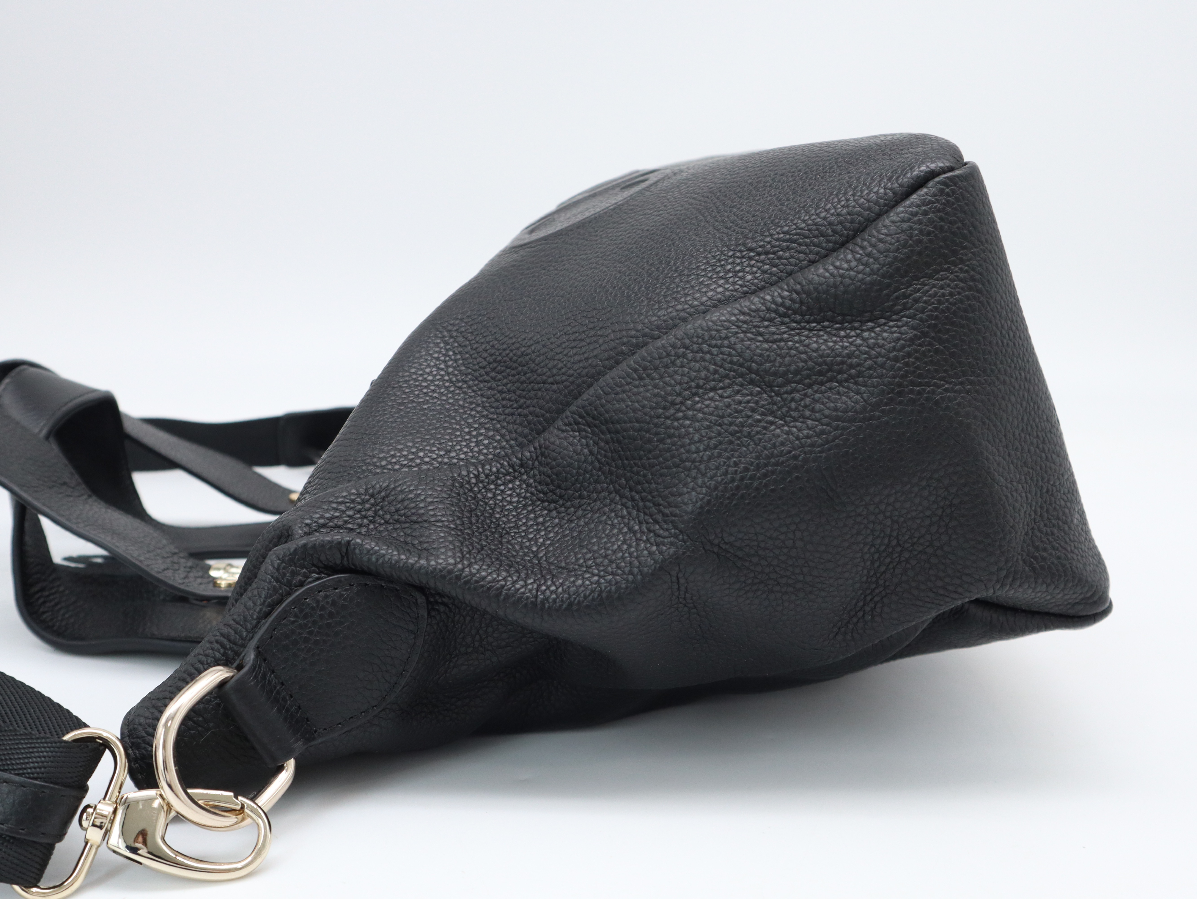 Leather Logo Embossed 2-Way Handbag, Black, Silver Hardware, with Shoulder Strap — view 3