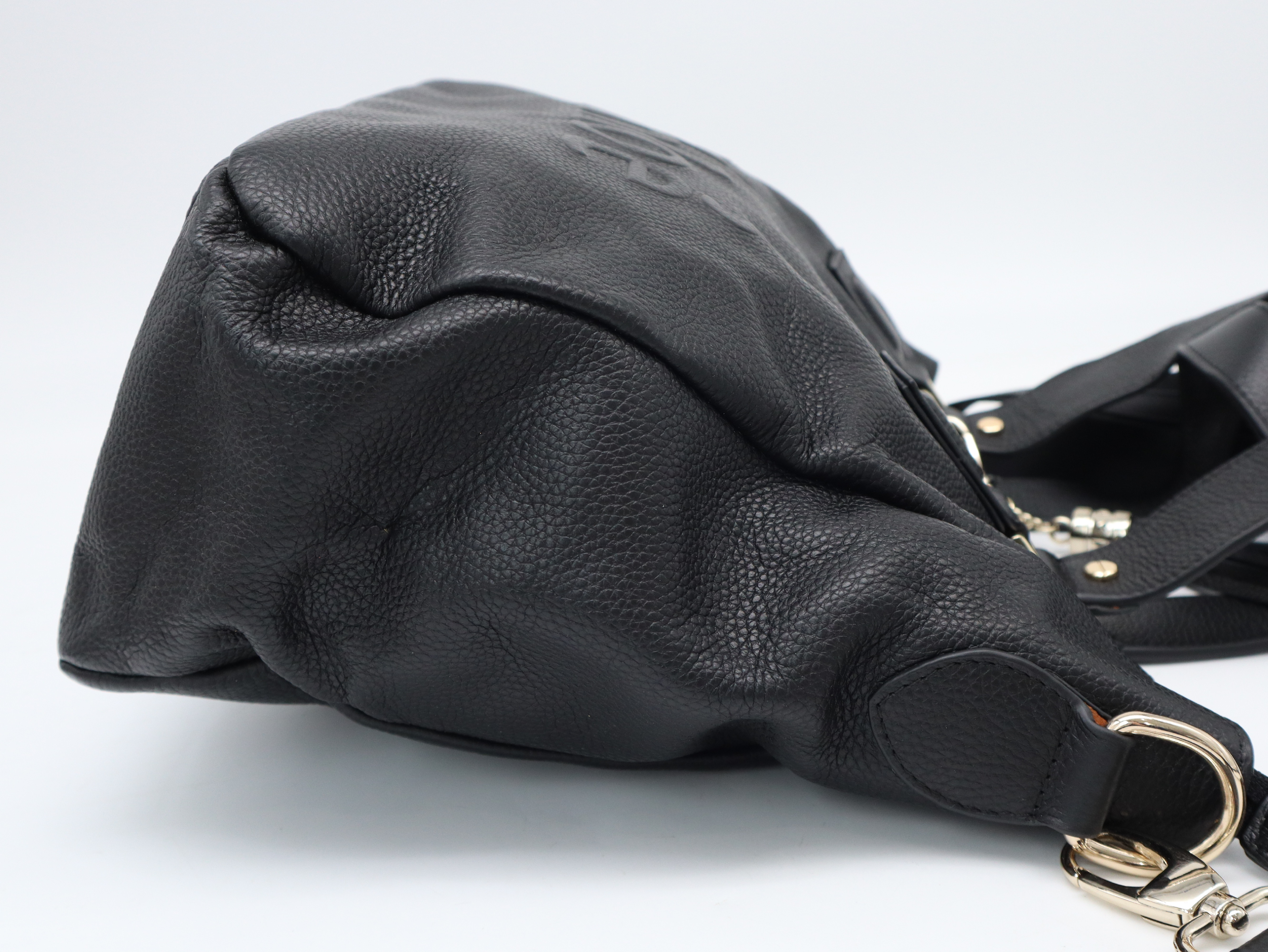 Leather Logo Embossed 2-Way Handbag, Black, Silver Hardware, with Shoulder Strap — view 4