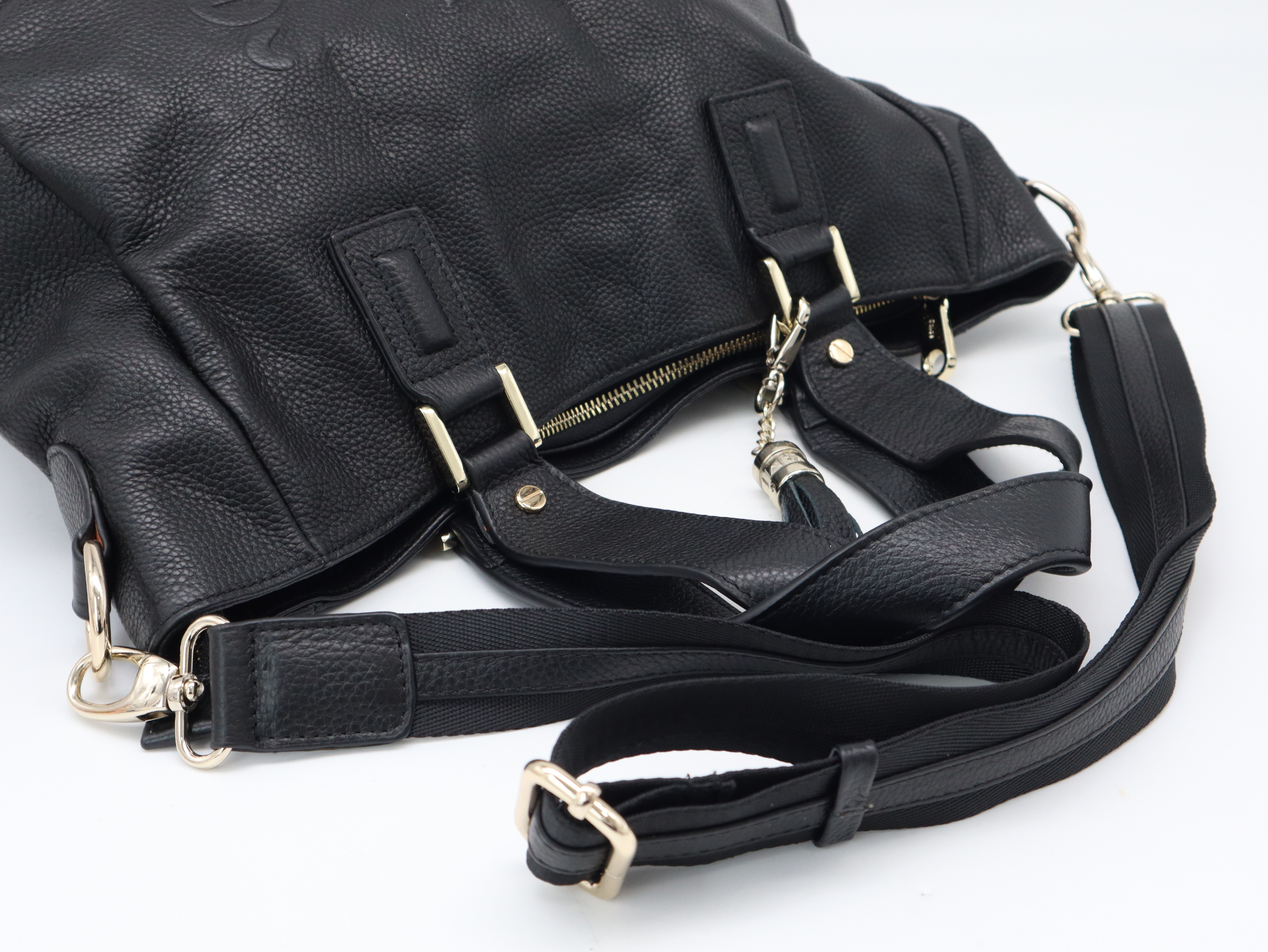 Leather Logo Embossed 2-Way Handbag, Black, Silver Hardware, with Shoulder Strap — view 6