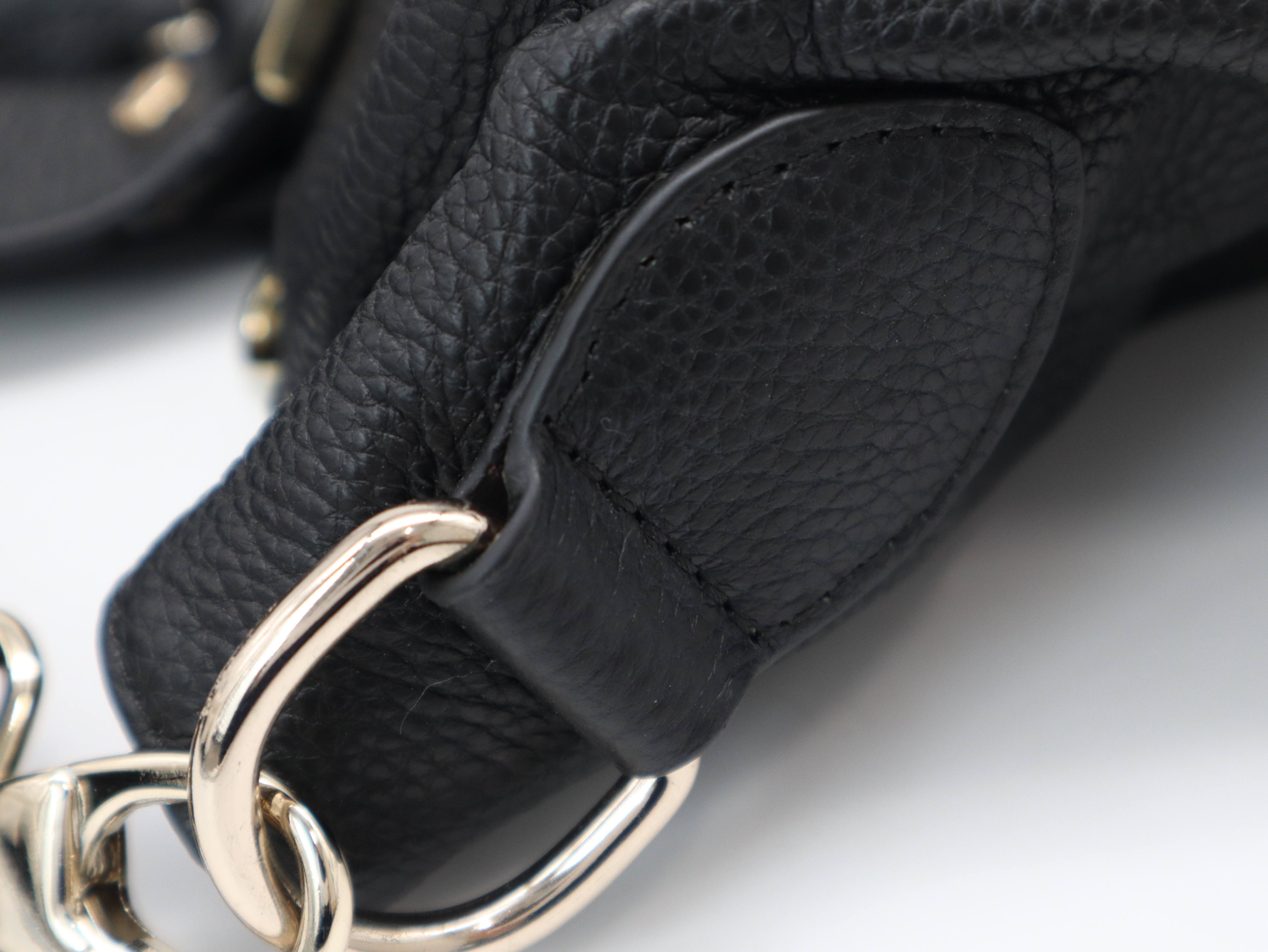 Leather Logo Embossed 2-Way Handbag, Black, Silver Hardware, with Shoulder Strap — view 9