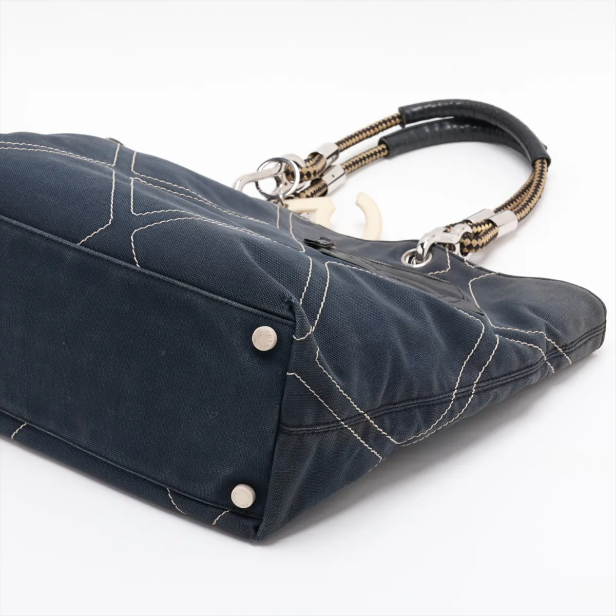 No. 5 Canvas x Leather Tote Bag, Navy, Silver Hardware, 9628512, Series 9 — view 3