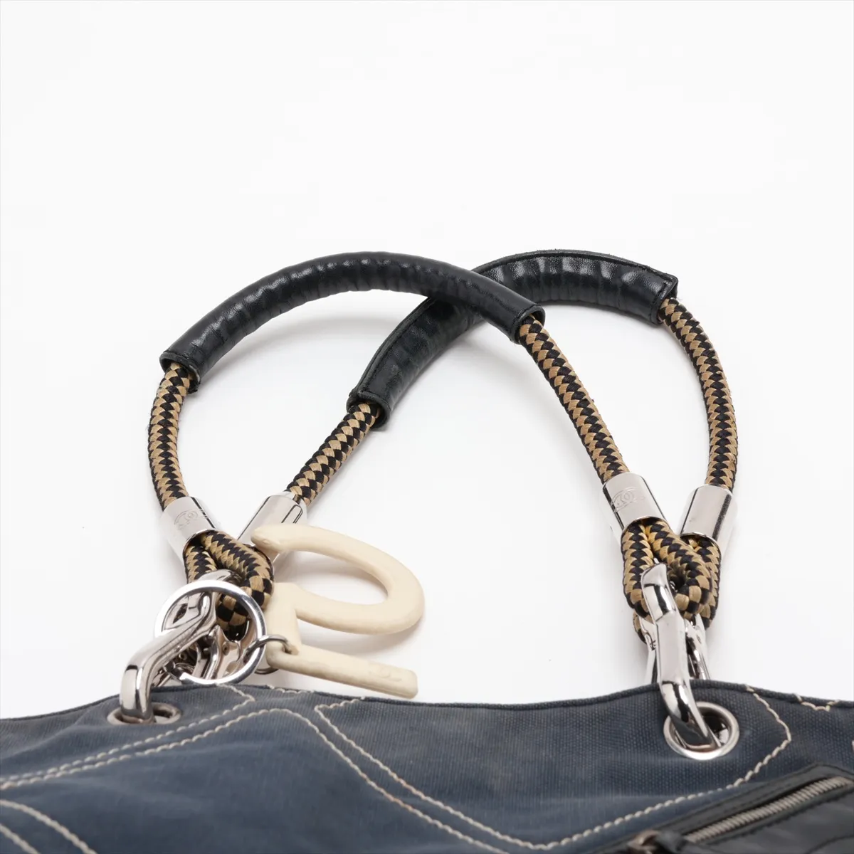 No. 5 Canvas x Leather Tote Bag, Navy, Silver Hardware, 9628512, Series 9 — view 6