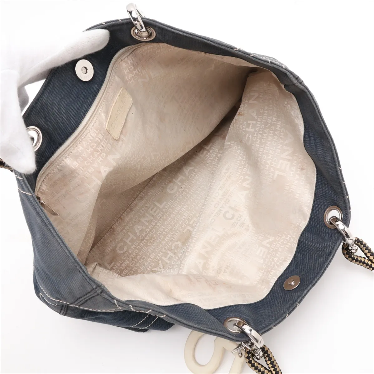 No. 5 Canvas x Leather Tote Bag, Navy, Silver Hardware, 9628512, Series 9 — view 7