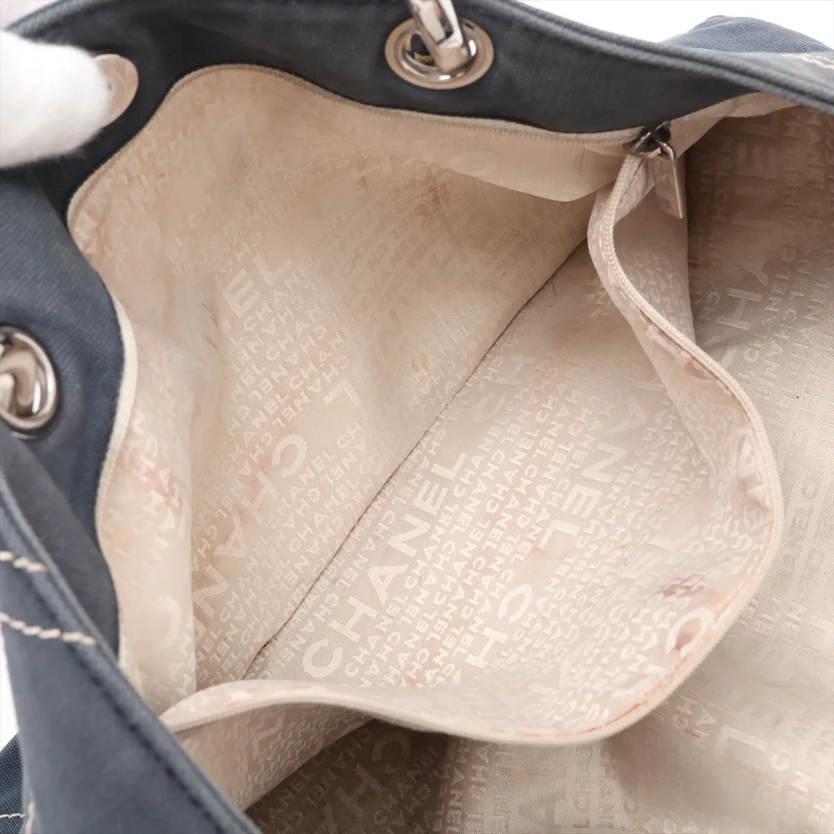 No. 5 Canvas x Leather Tote Bag, Navy, Silver Hardware, 9628512, Series 9 — view 8