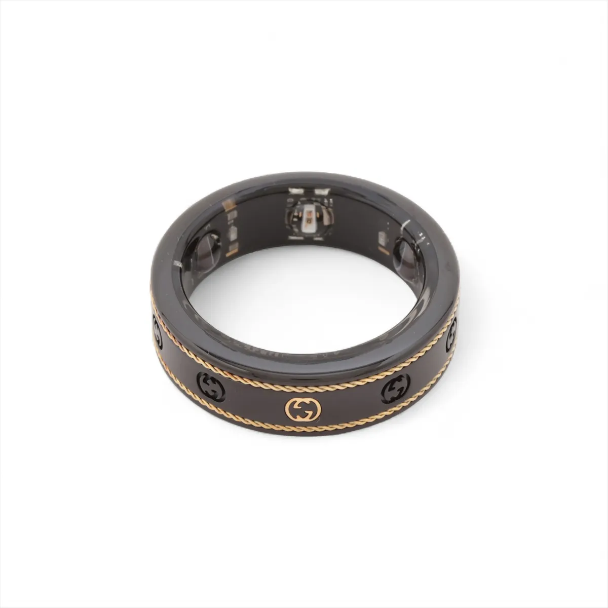 x Aura Interlocking G Ring, Size 12, Titanium, Black x Gold,