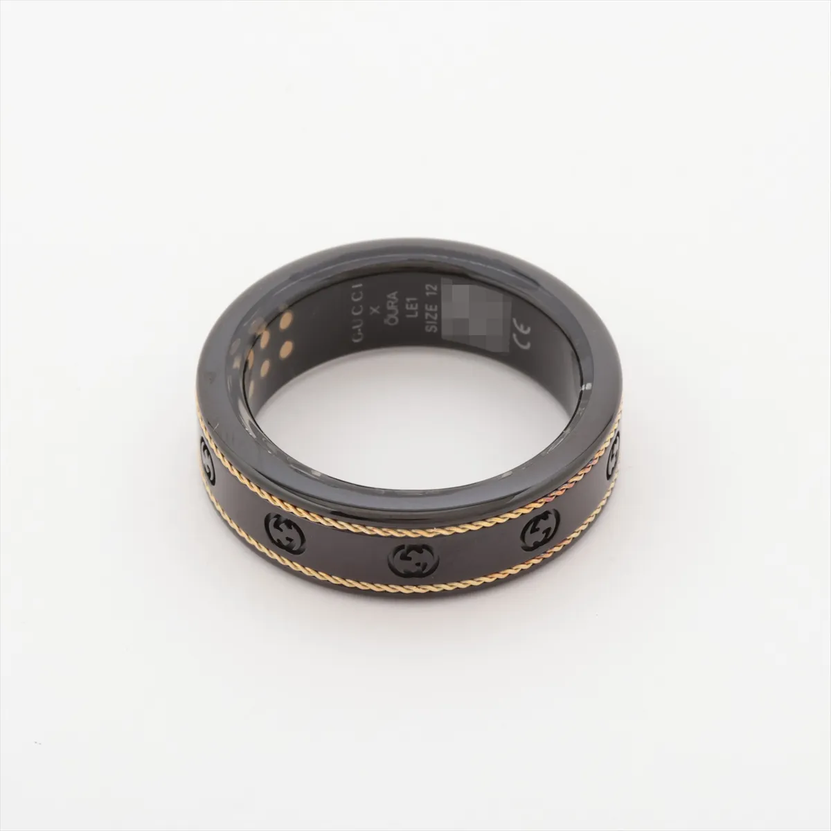 x Aura Interlocking G Ring, Size 12, Titanium, Black x Gold, — view 2