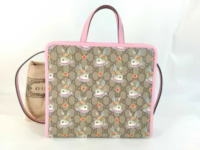 GG Supreme x Higuchi Yuko GG Supreme Children's PVC x Leather 2-Way Handbag Beige x Pink 630542 Handbag