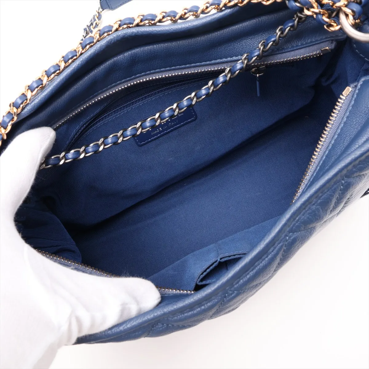 Gabrielle de Chanel Leather x Patent Leather Chain Shoulder Bag, Blue, Gold x Silver Hardware, 25904077, Serial Number 25 — view 6