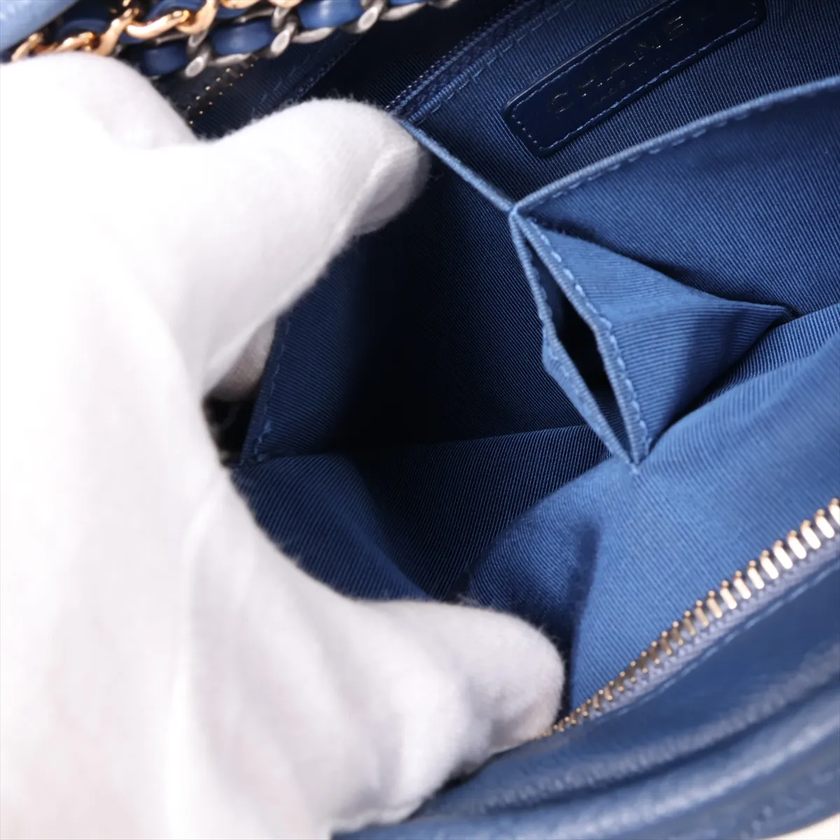 Gabrielle de Chanel Leather x Patent Leather Chain Shoulder Bag, Blue, Gold x Silver Hardware, 25904077, Serial Number 25 — view 9