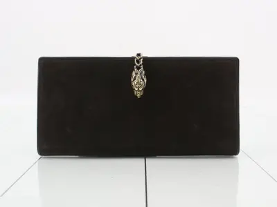 Leather long wallet with tiger-shaped snap closure