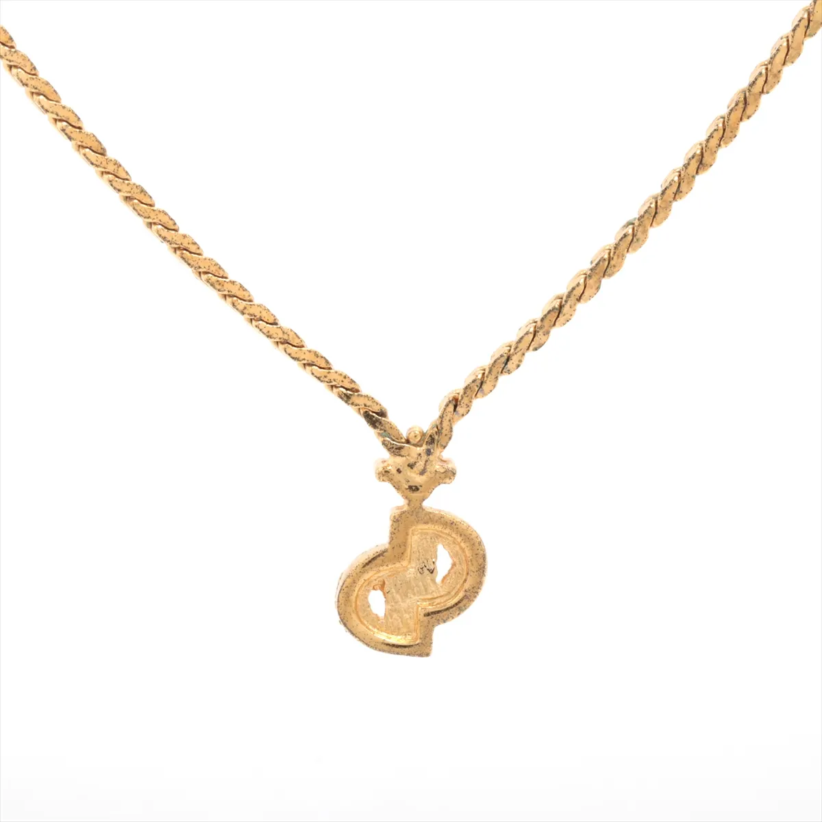 CD logo necklace, gold plated with rhinestones. Shows signs of wear, tarnishing, — view 2