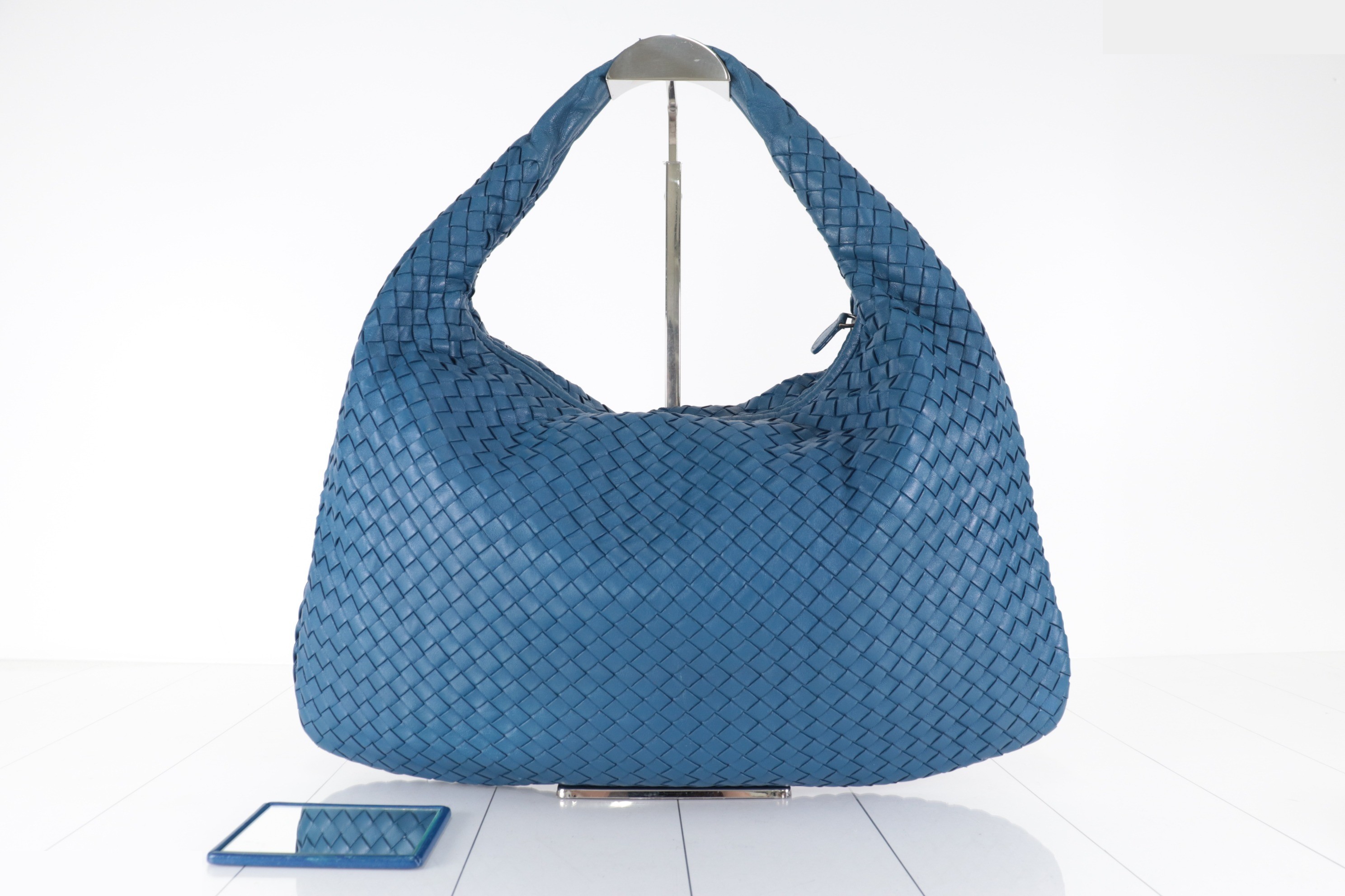 Intrecciato Hobo Bag, Blue, with Mirror
