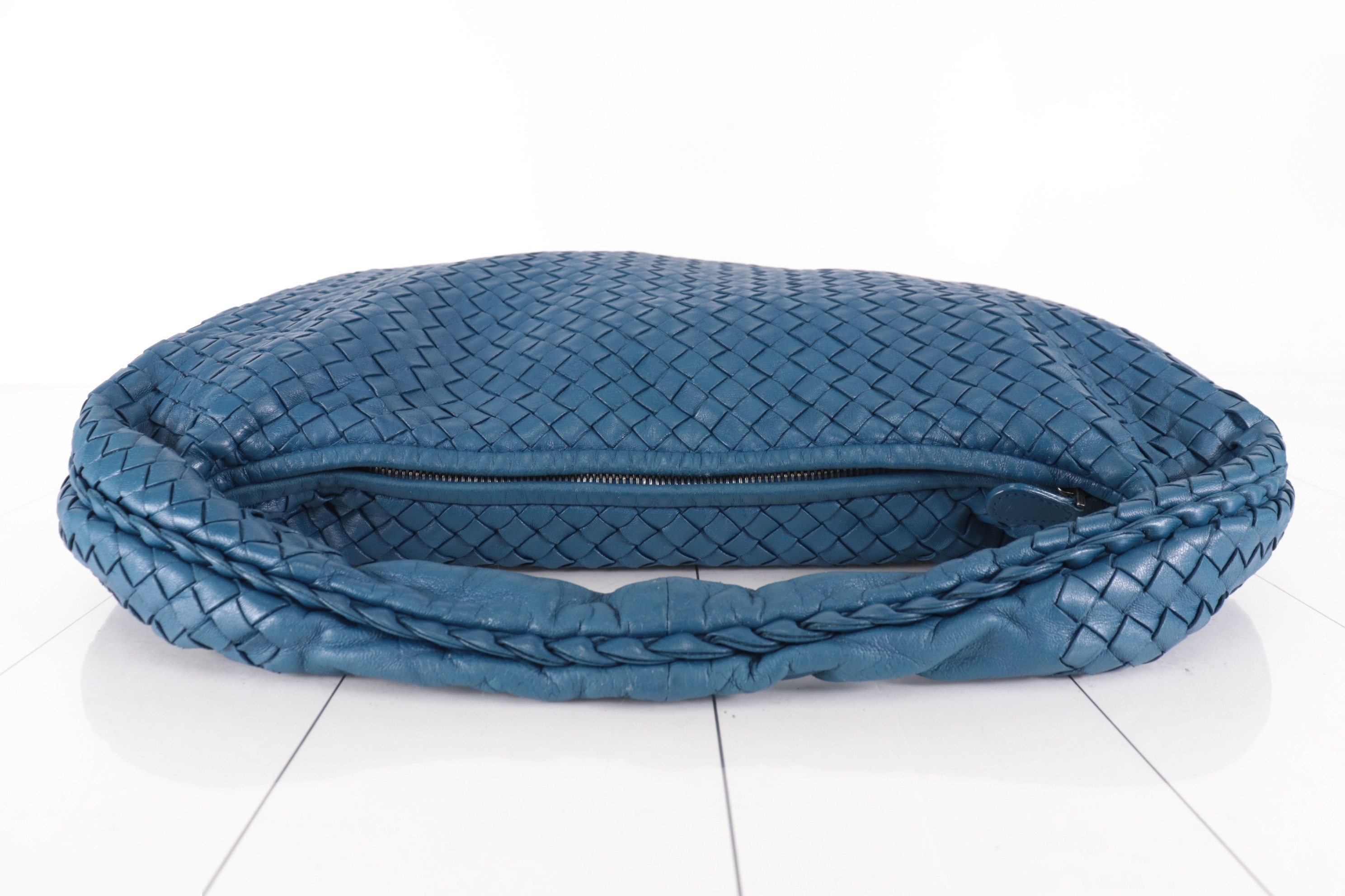 Intrecciato Hobo Bag, Blue, with Mirror — view 5