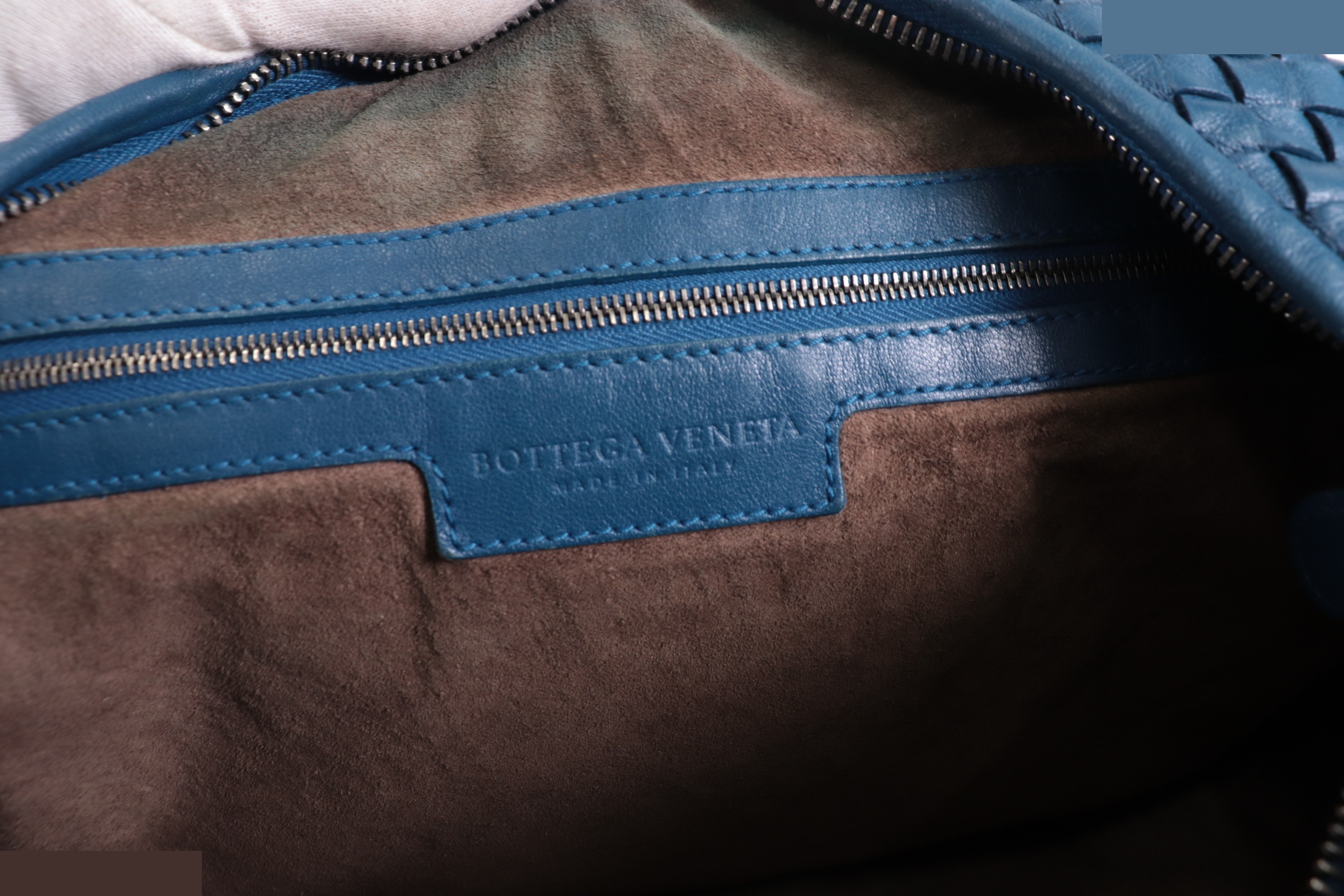 Intrecciato Hobo Bag, Blue, with Mirror — view 7
