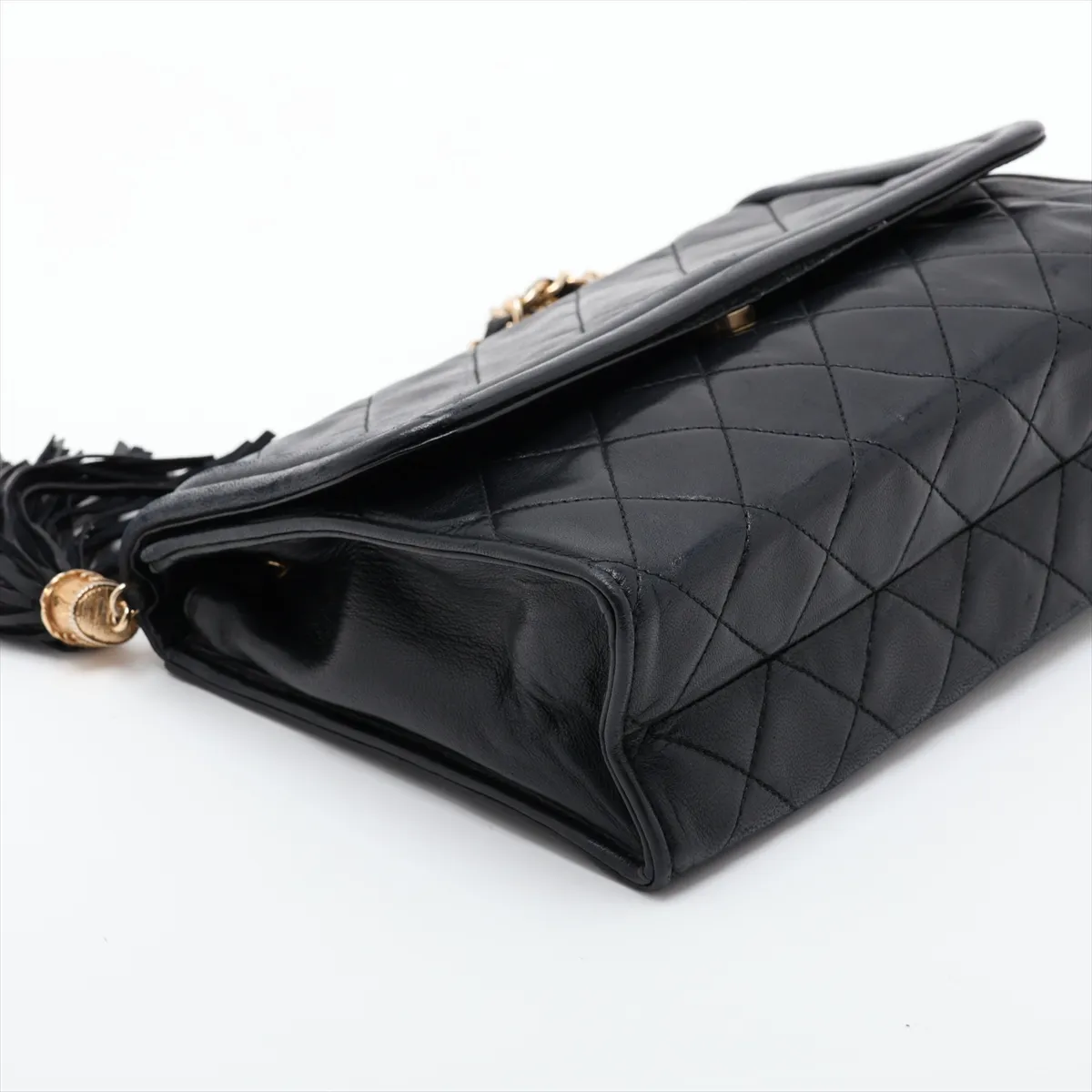 Matelassé Lambskin Single Flap Single Chain Bag with Fringe, Black with Gold Hardware, Item No. 1063199 — view 4