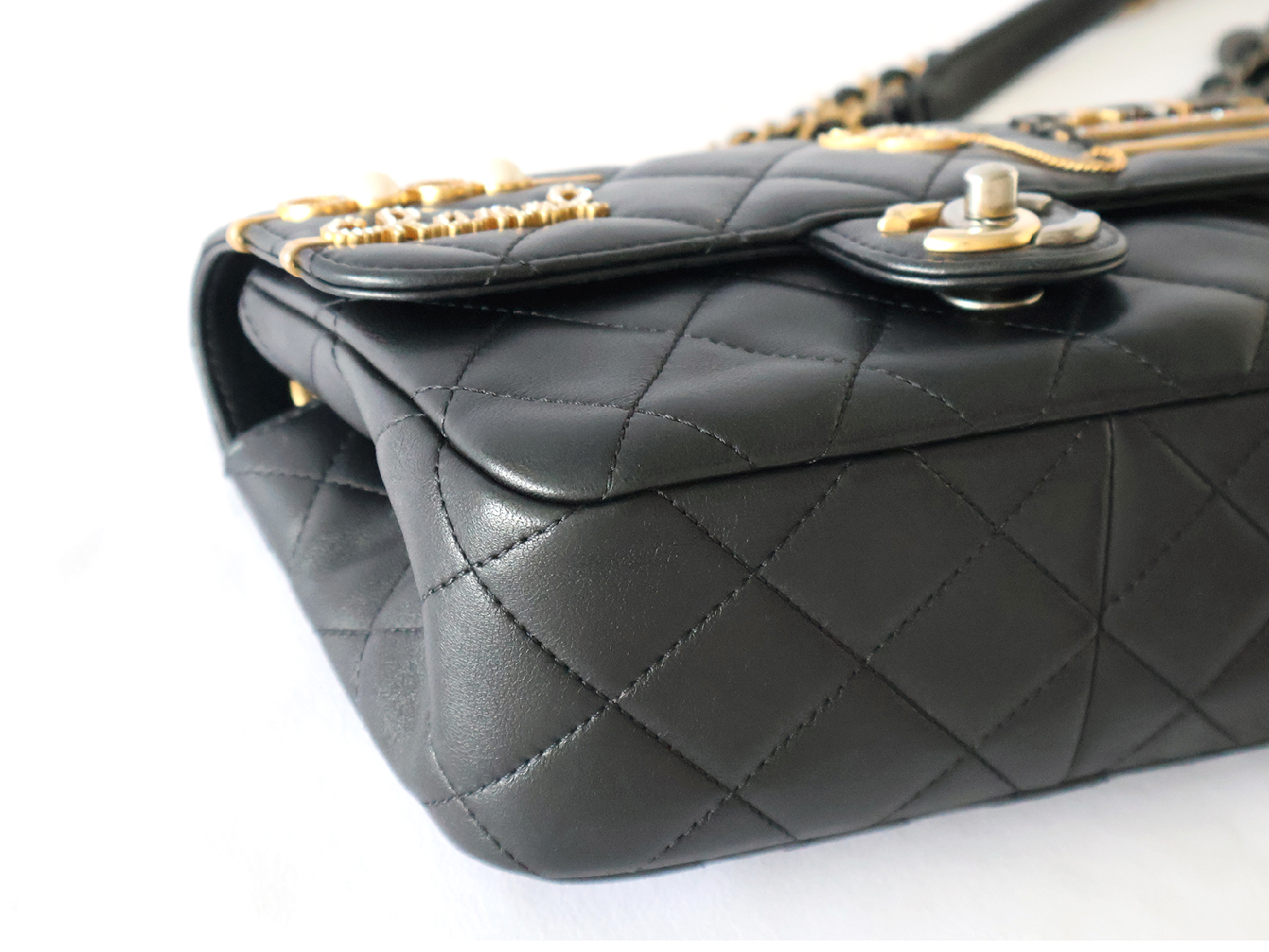 Matelassé Lambskin Chain Shoulder Bag with Plate, Black — view 3