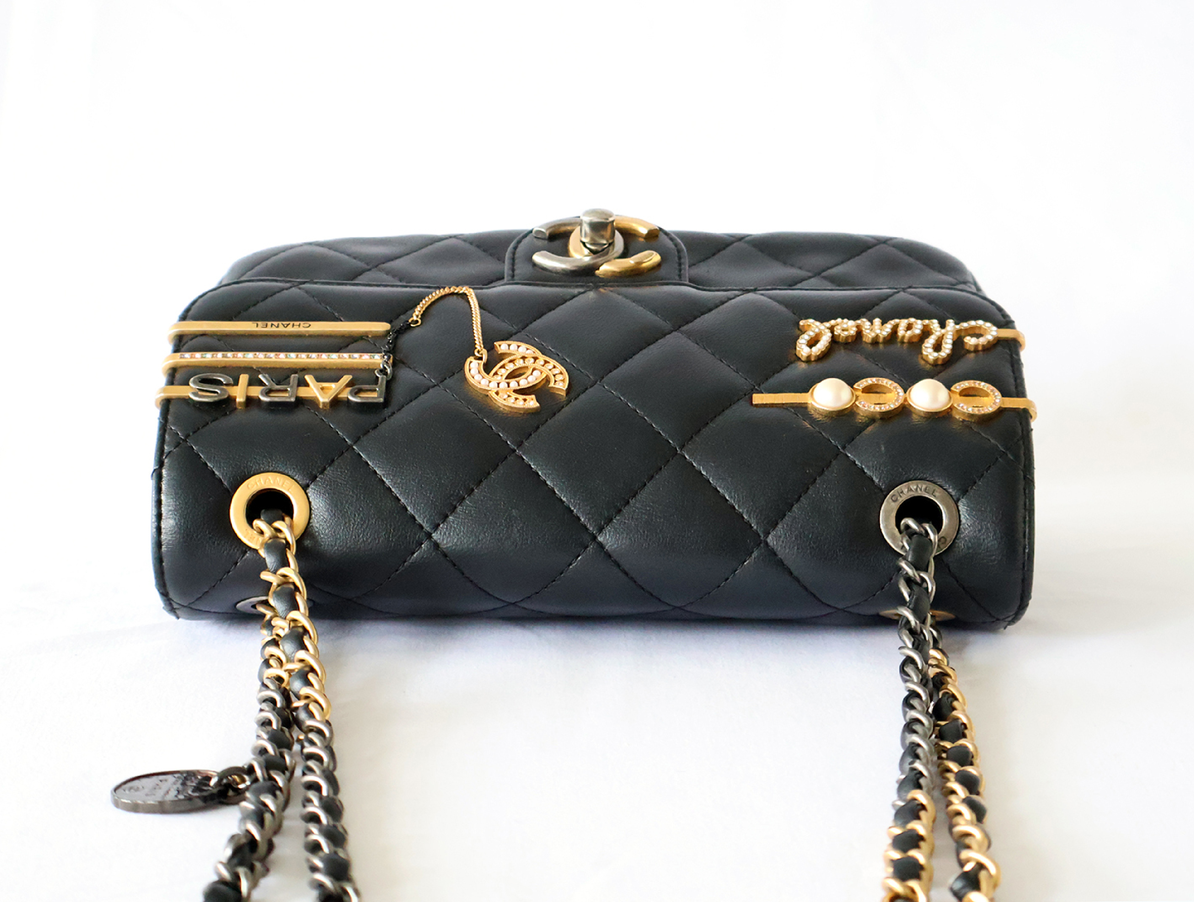Matelassé Lambskin Chain Shoulder Bag with Plate, Black — view 5