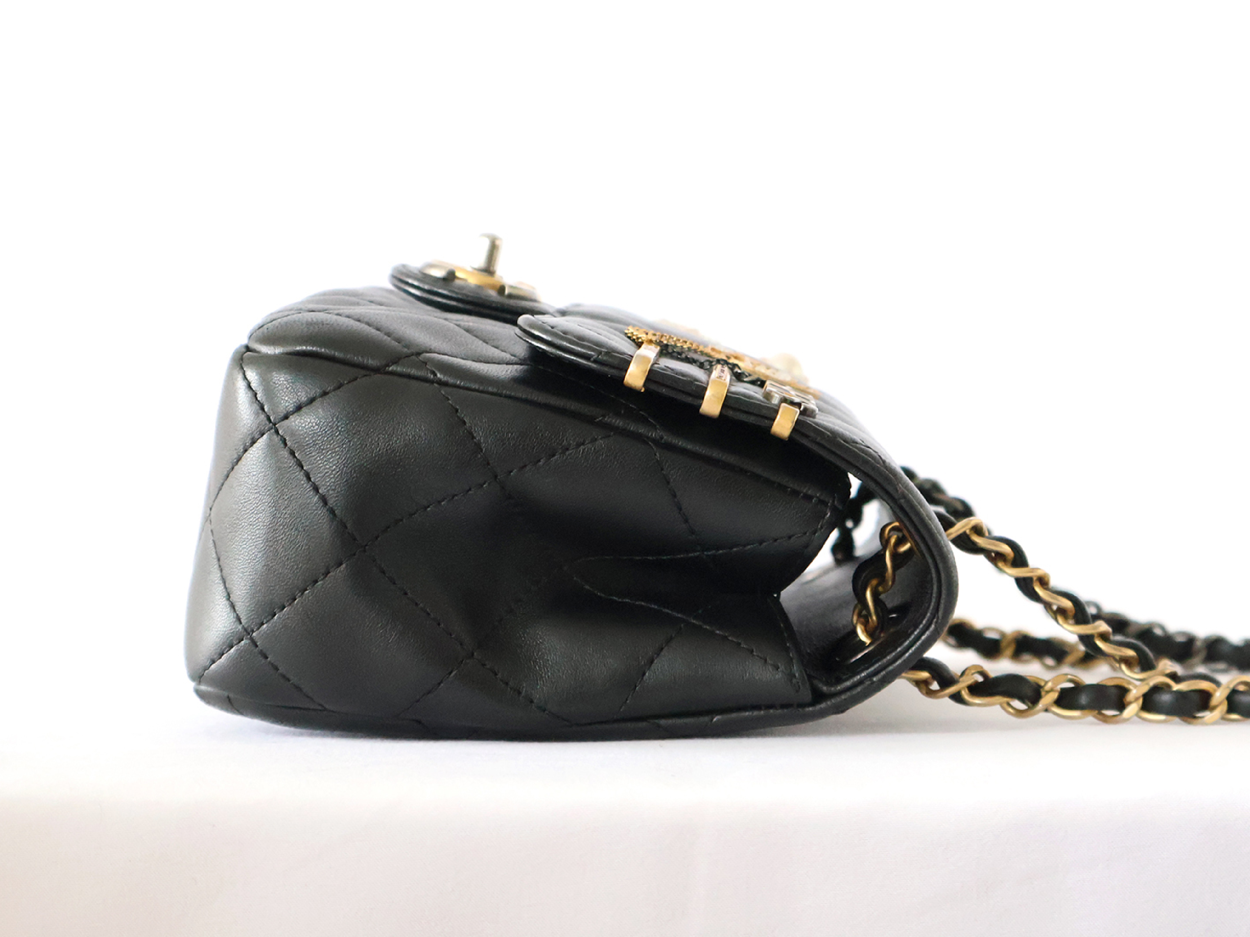 Matelassé Lambskin Chain Shoulder Bag with Plate, Black — view 6