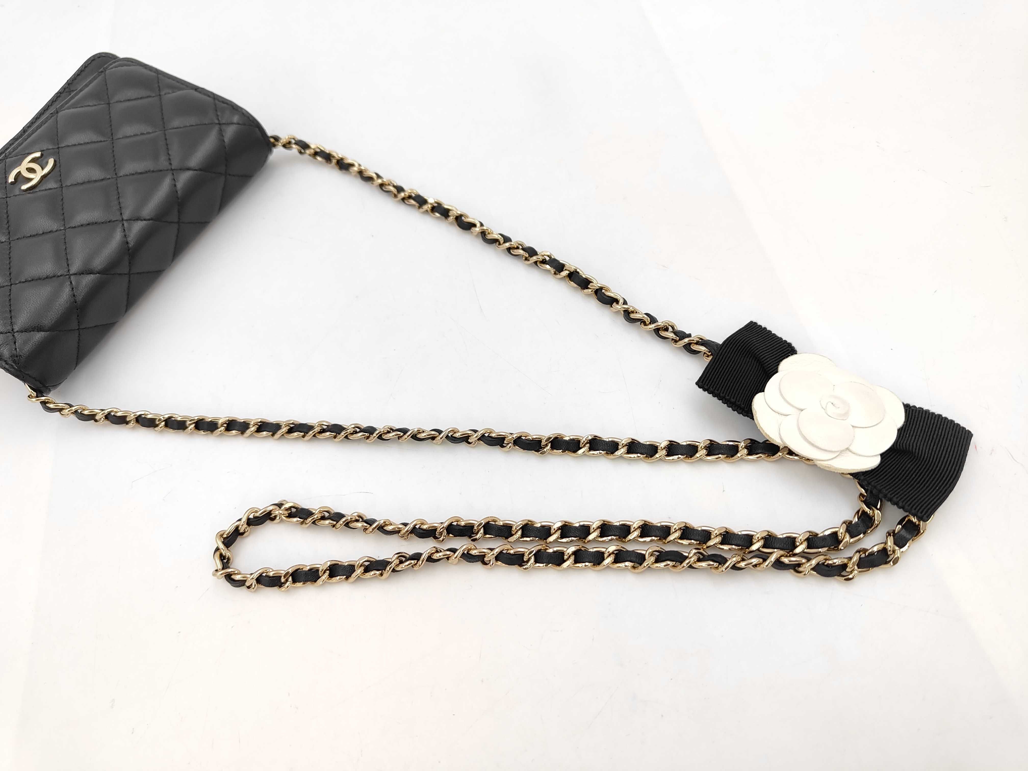 Matelassé Chain Wallet, Lambskin, Black, Gold Hardware, Camellia Charm, Shoulder Bag — view 3