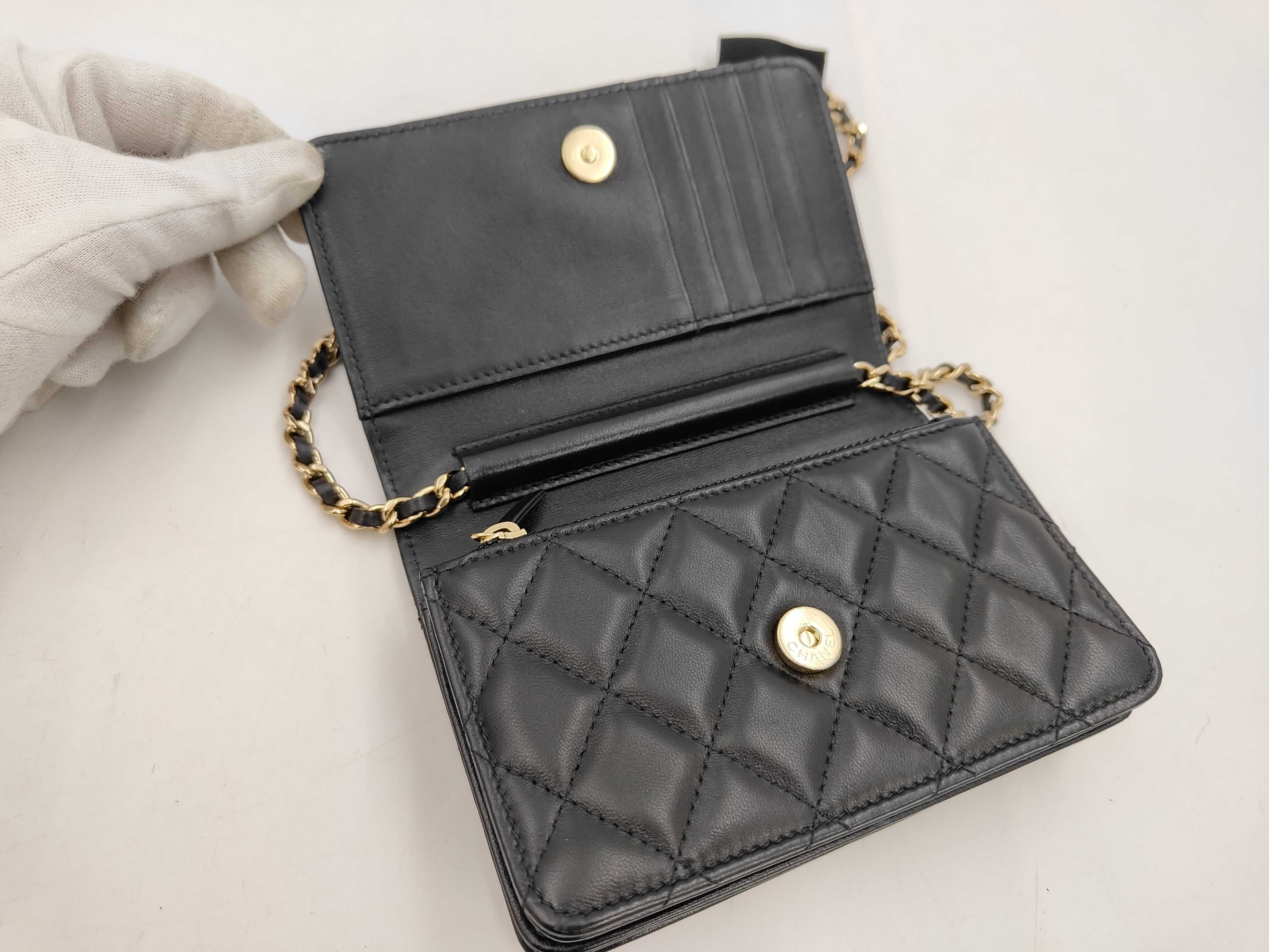Matelassé Chain Wallet, Lambskin, Black, Gold Hardware, Camellia Charm, Shoulder Bag — view 7