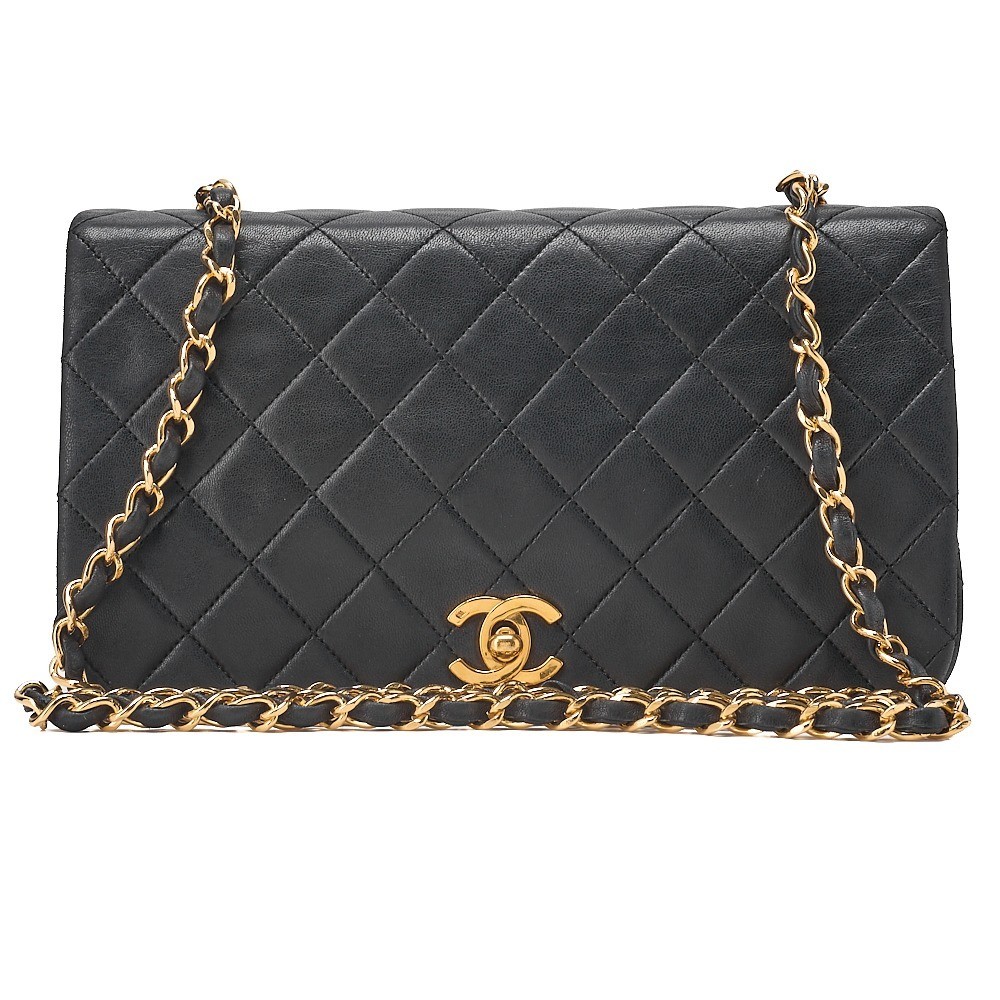 Lambskin Matelassé Full Flap Chain Shoulder Bag, Black, Gold Hardware
