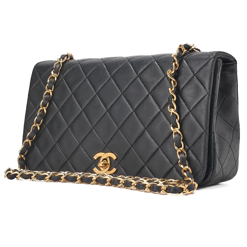 Lambskin Matelassé Full Flap Chain Shoulder Bag, Black, Gold Hardware — view 3