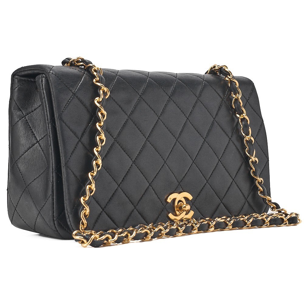 Lambskin Matelassé Full Flap Chain Shoulder Bag, Black, Gold Hardware — view 4