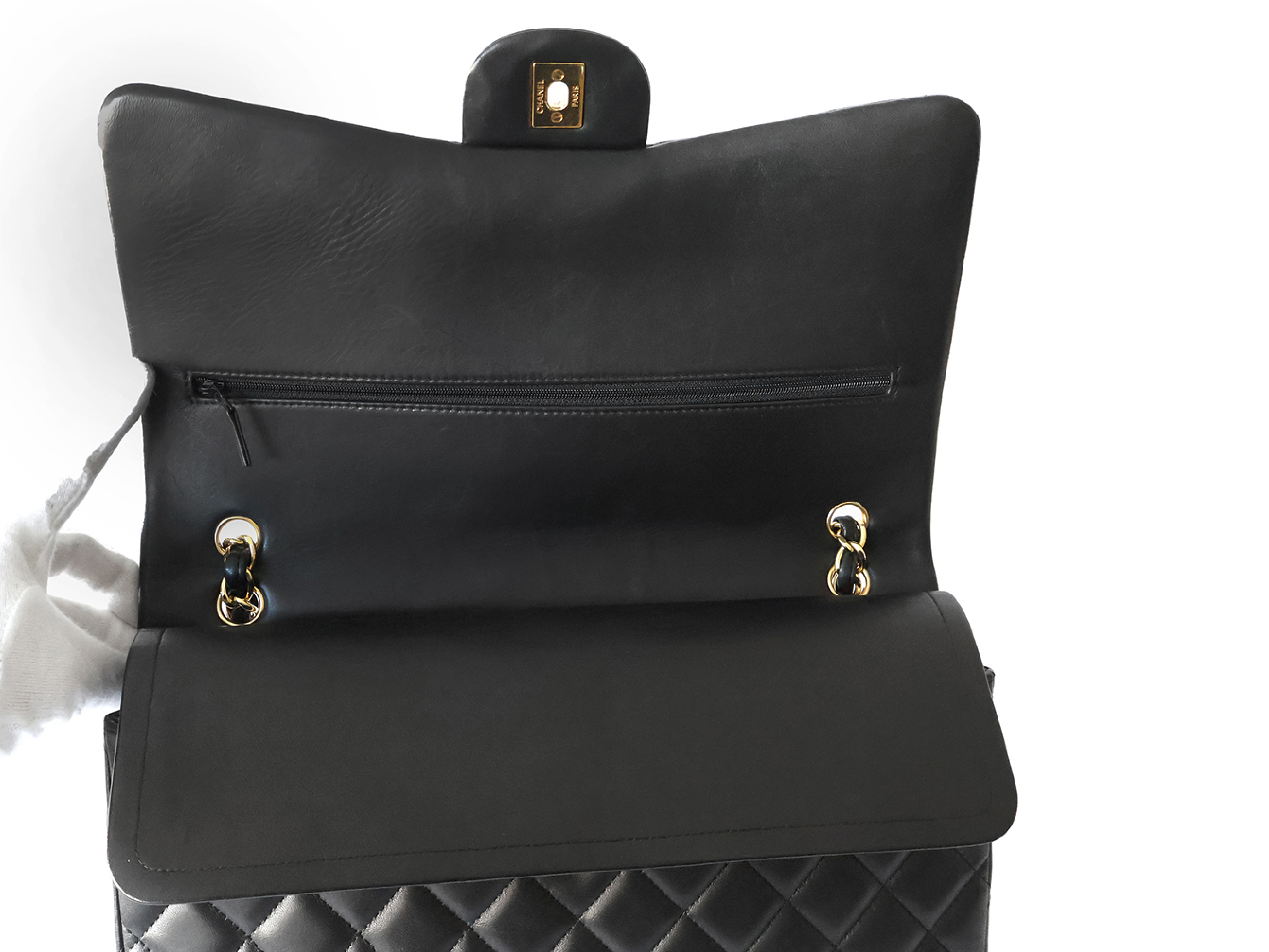 (with seal, serial number 16 series) Large Matelassé Lambskin Double Flap Double Chain Shoulder Bag, Black — view 11