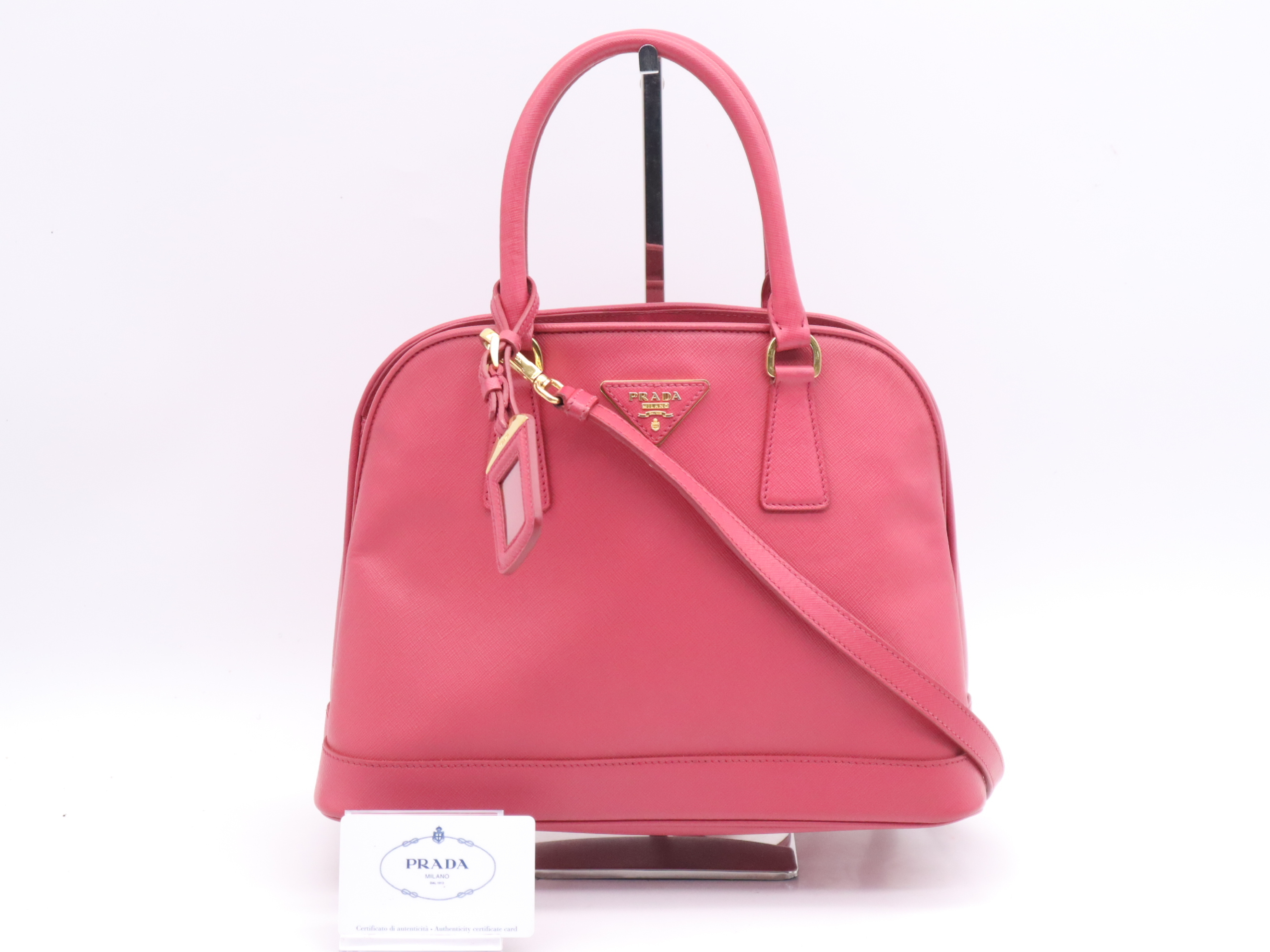 Saffiano Lux 2-Way Handbag, Pink, with Shoulder Strap, Name Tag, and Card Holder.