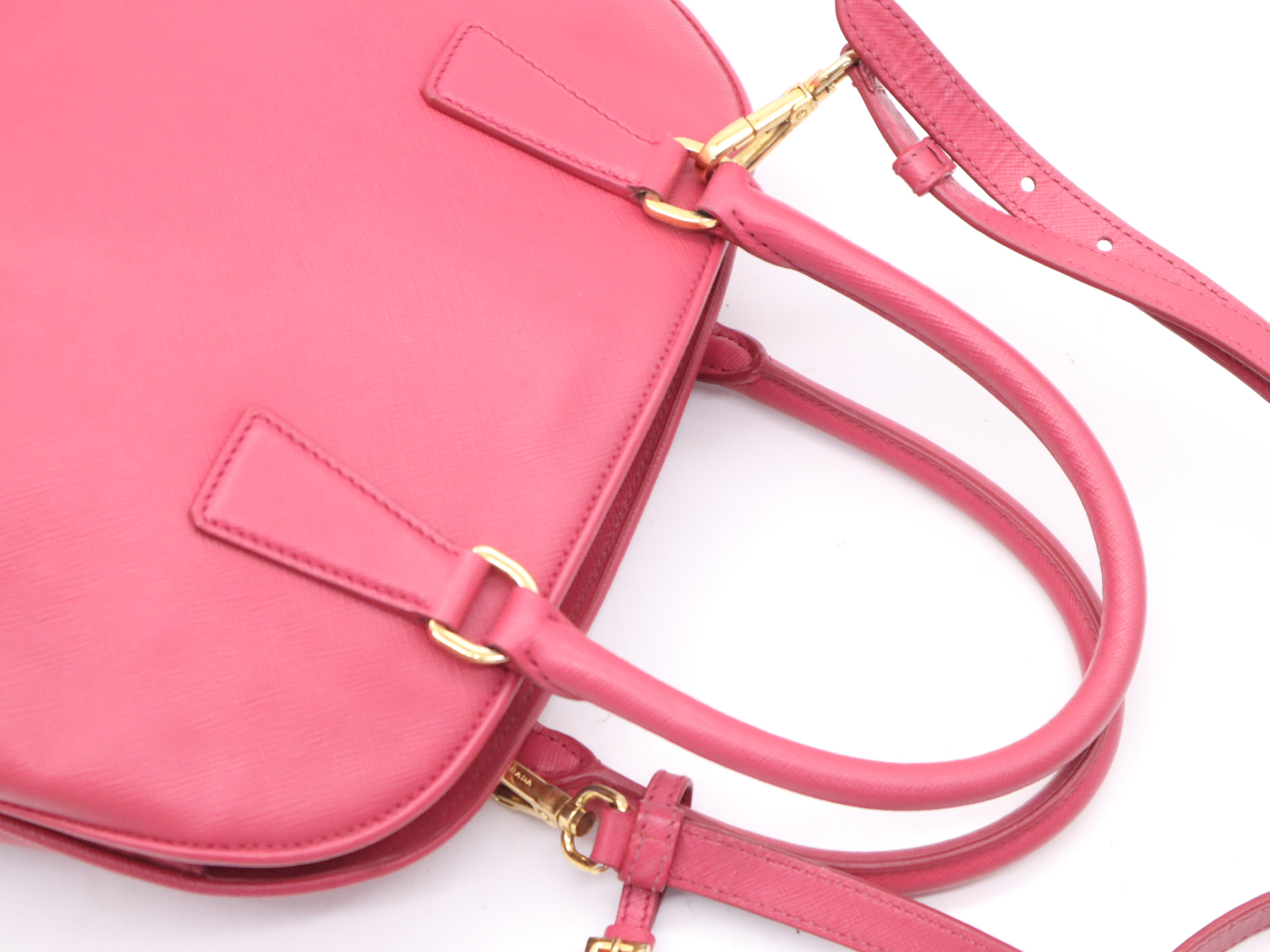 Saffiano Lux 2-Way Handbag, Pink, with Shoulder Strap, Name Tag, and Card Holder. — view 6