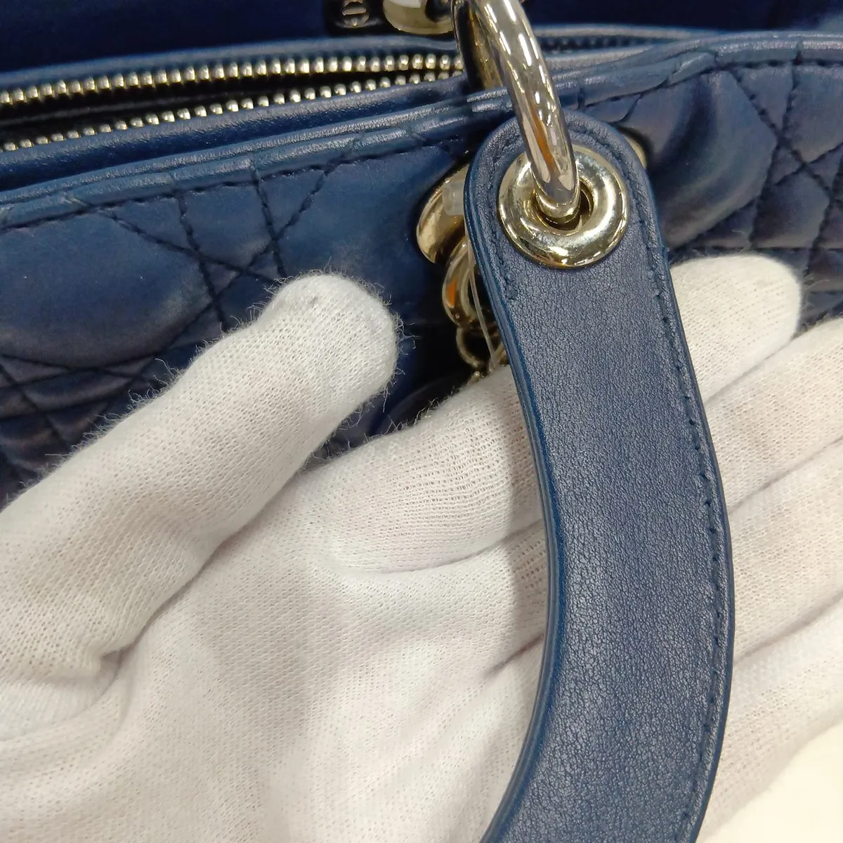 Lady Dior Cannage Large Leather 2-Way Handbag, Blue — view 11