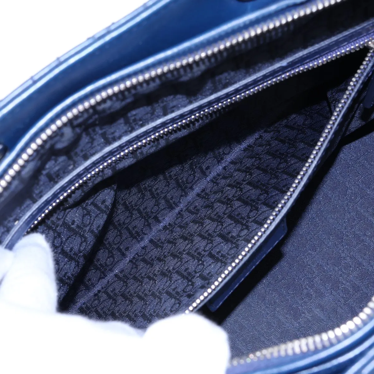 Lady Dior Cannage Large Leather 2-Way Handbag, Blue — view 9