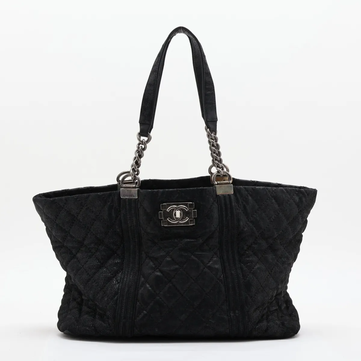 Boy Chanel Leather Chain Tote Bag, Black with Gunmetal Hardware, 18489340, Serial Number 18-series, Guarantee Card (Deformed)