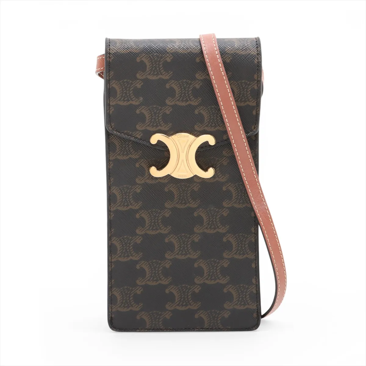 Triomphe Double Phone Pouch PVC x Leather Shoulder Bag Brown