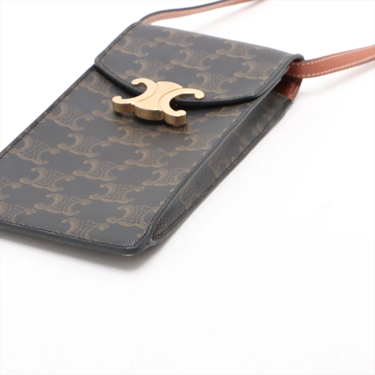 Triomphe Double Phone Pouch PVC x Leather Shoulder Bag Brown — view 3