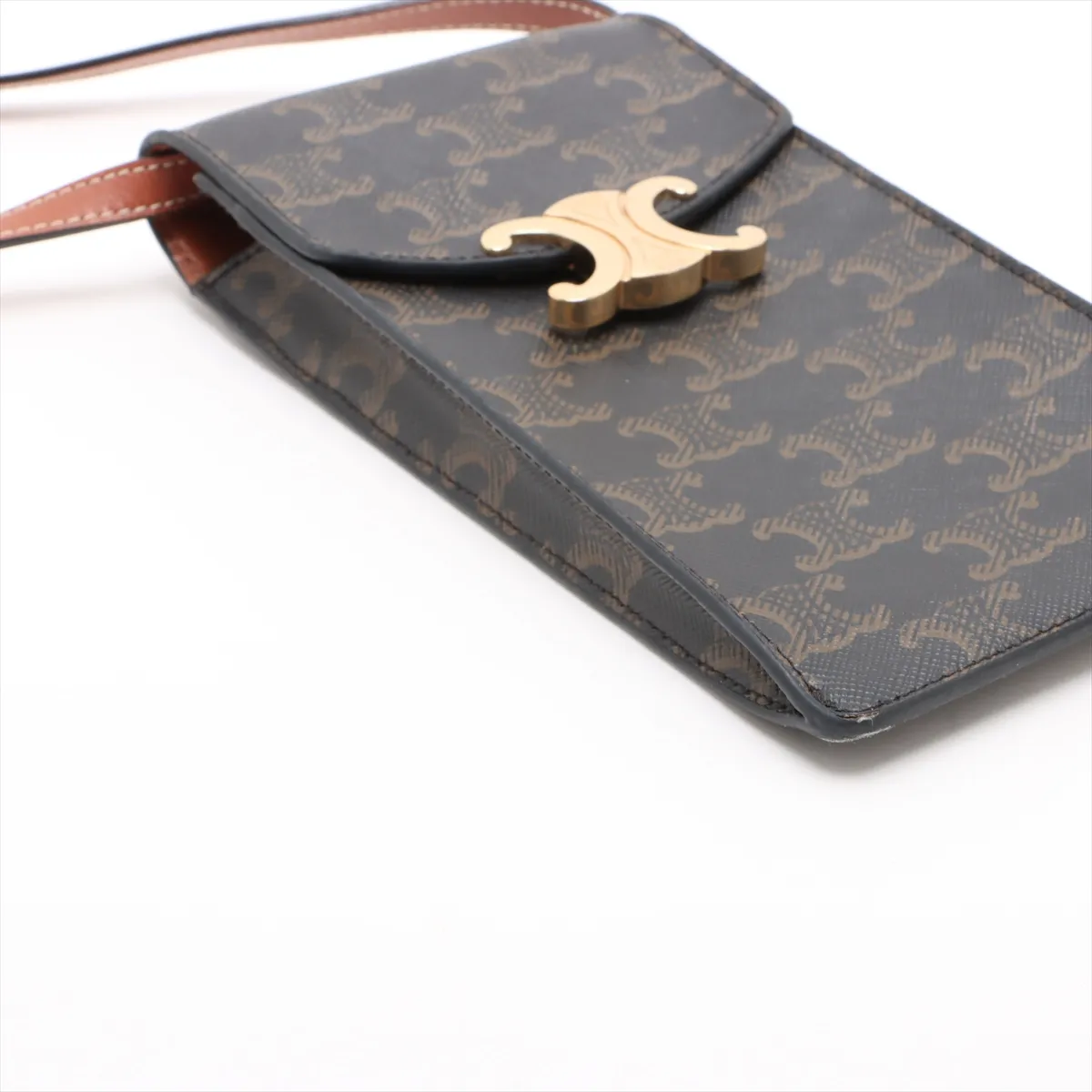 Triomphe Double Phone Pouch PVC x Leather Shoulder Bag Brown — view 4