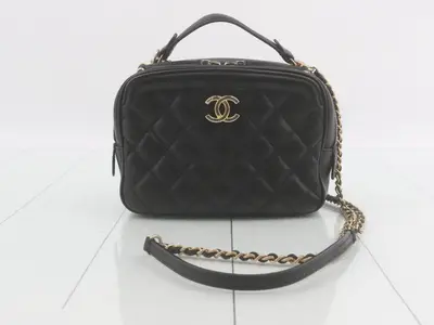 Top-handle lambskin 2-way vanity/chain shoulder bag, black
