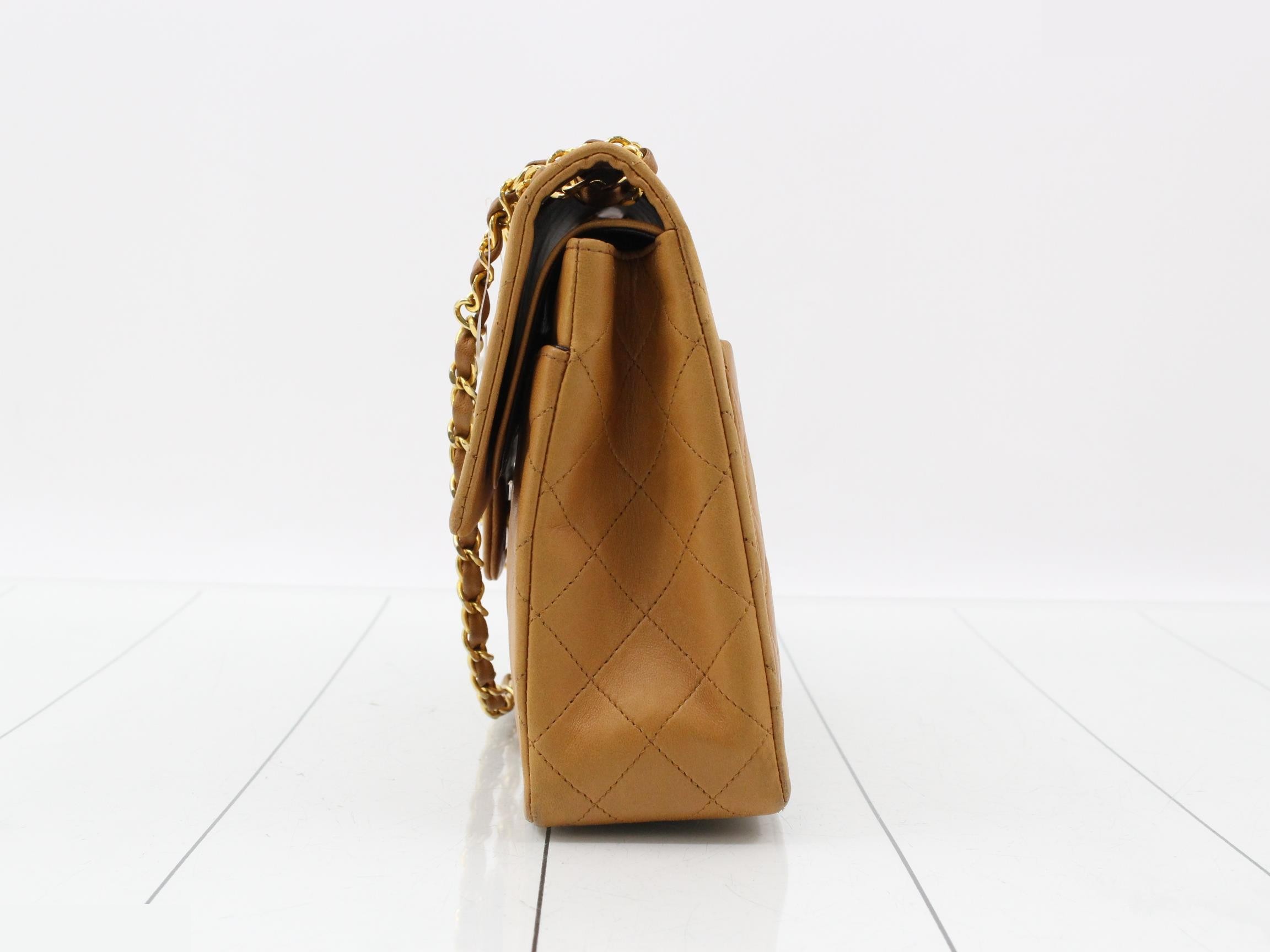 Lambskin Matelassé 25 Double Flap Chain Shoulder Bag, Brown — view 3